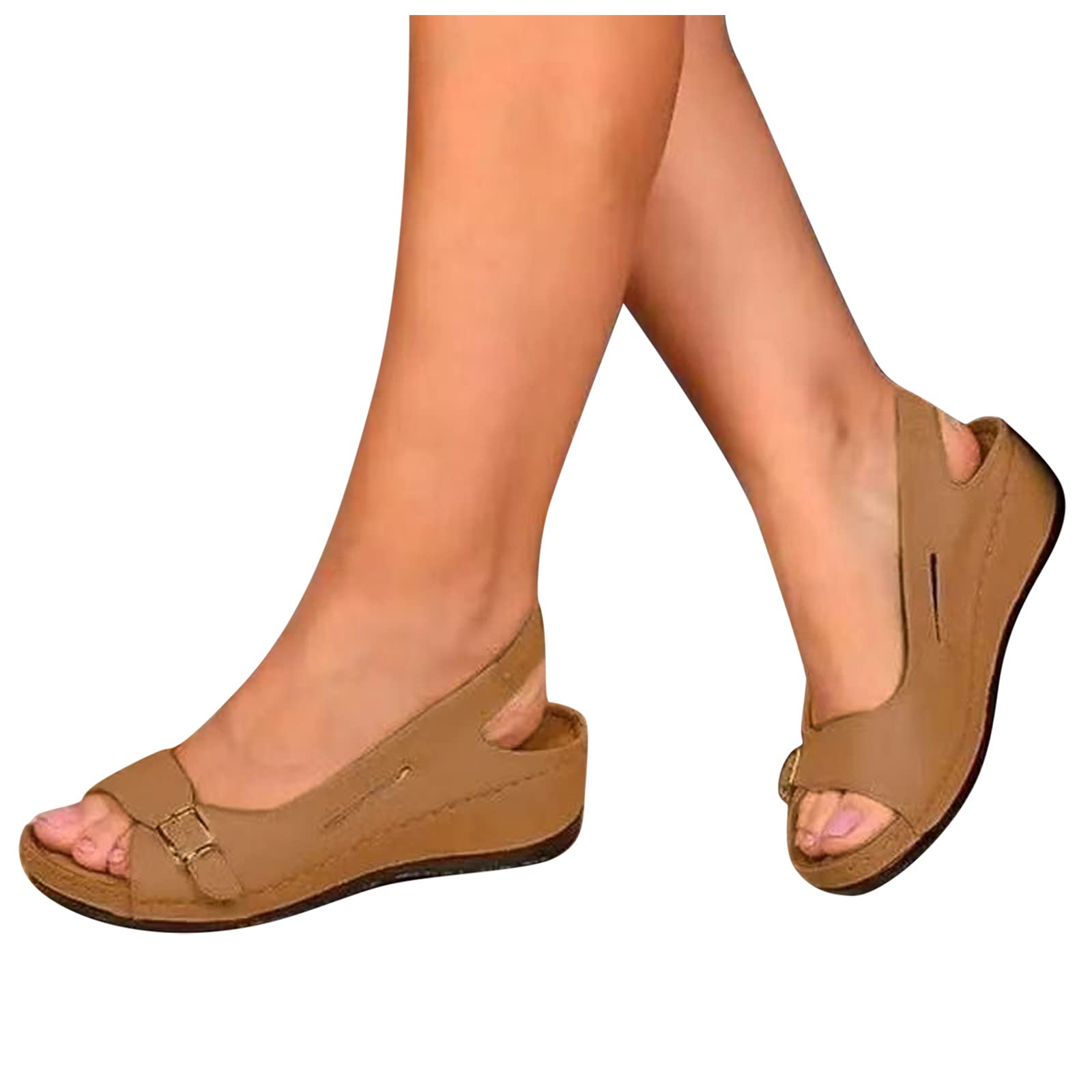 POTTON Women's Plus Size Wedge Slide Sandals - Khaki Summer Wedge Heel Sandals Size 7 | Comfortable Casual Beach & Outdoor Wear