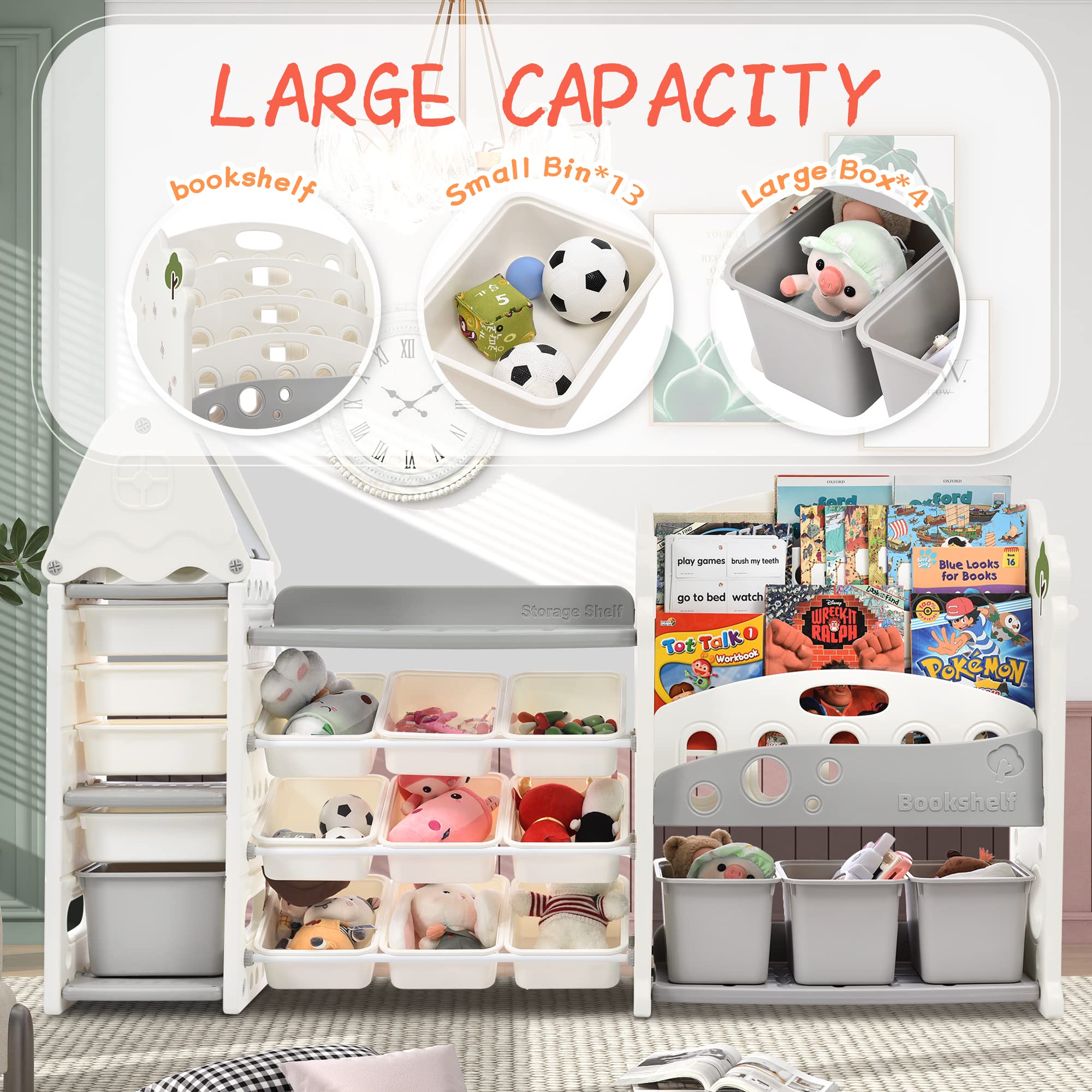 **17-Bin Toy Storage Organizer & 4-Tier Kids Bookshelf - All-in-One Gray Toy Box Chest for Kids Room, Classroom, Nursery - Perfect for Organizing Toys, Books, and Learning Supplies**
