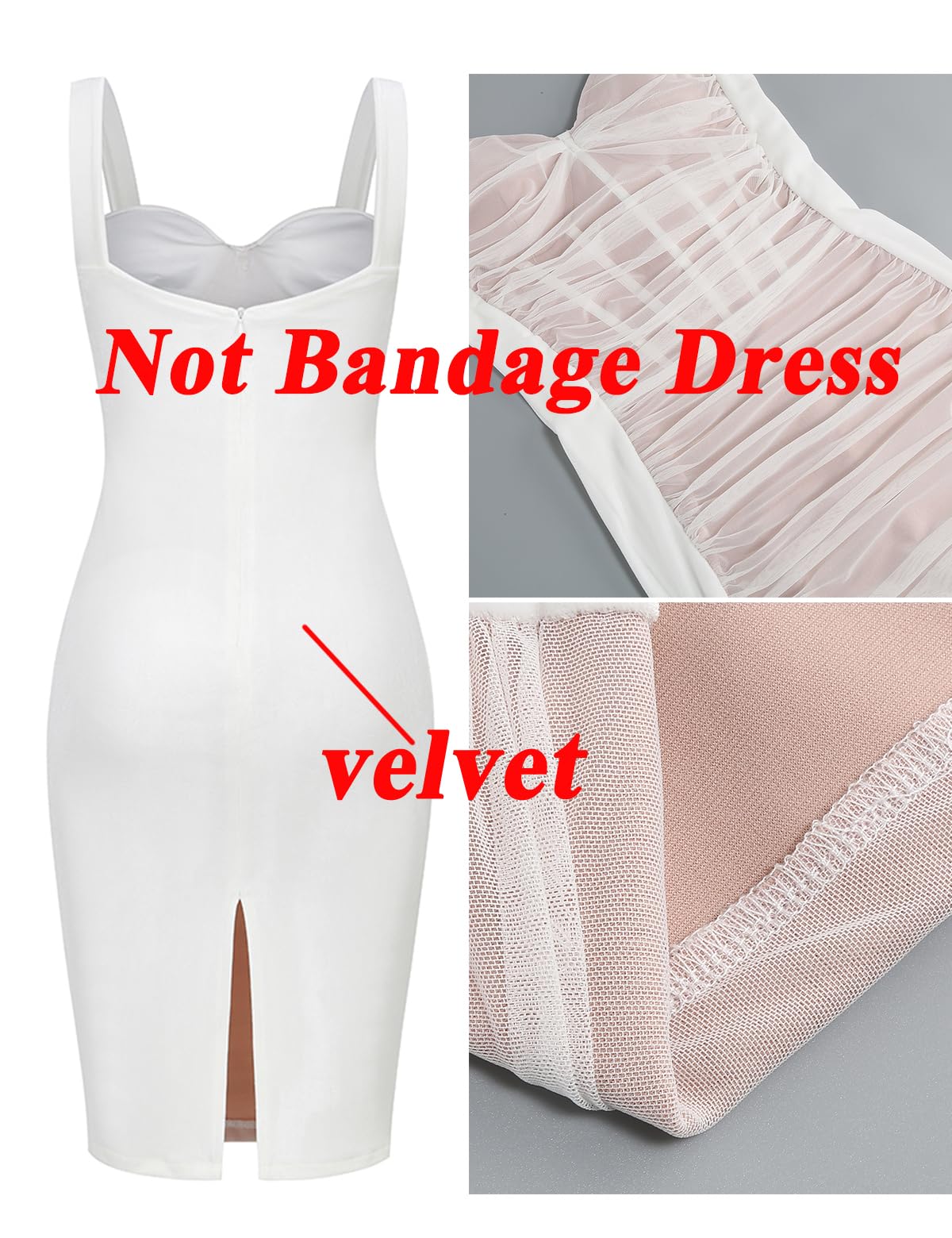 Houstil Women's Velvet Mesh Bodycon Mini Dress - Elegant Strap Cocktail Party & Wedding Guest Dress (White, Size M) | Perfect for Night Out, Clubwear, and Special Occasions