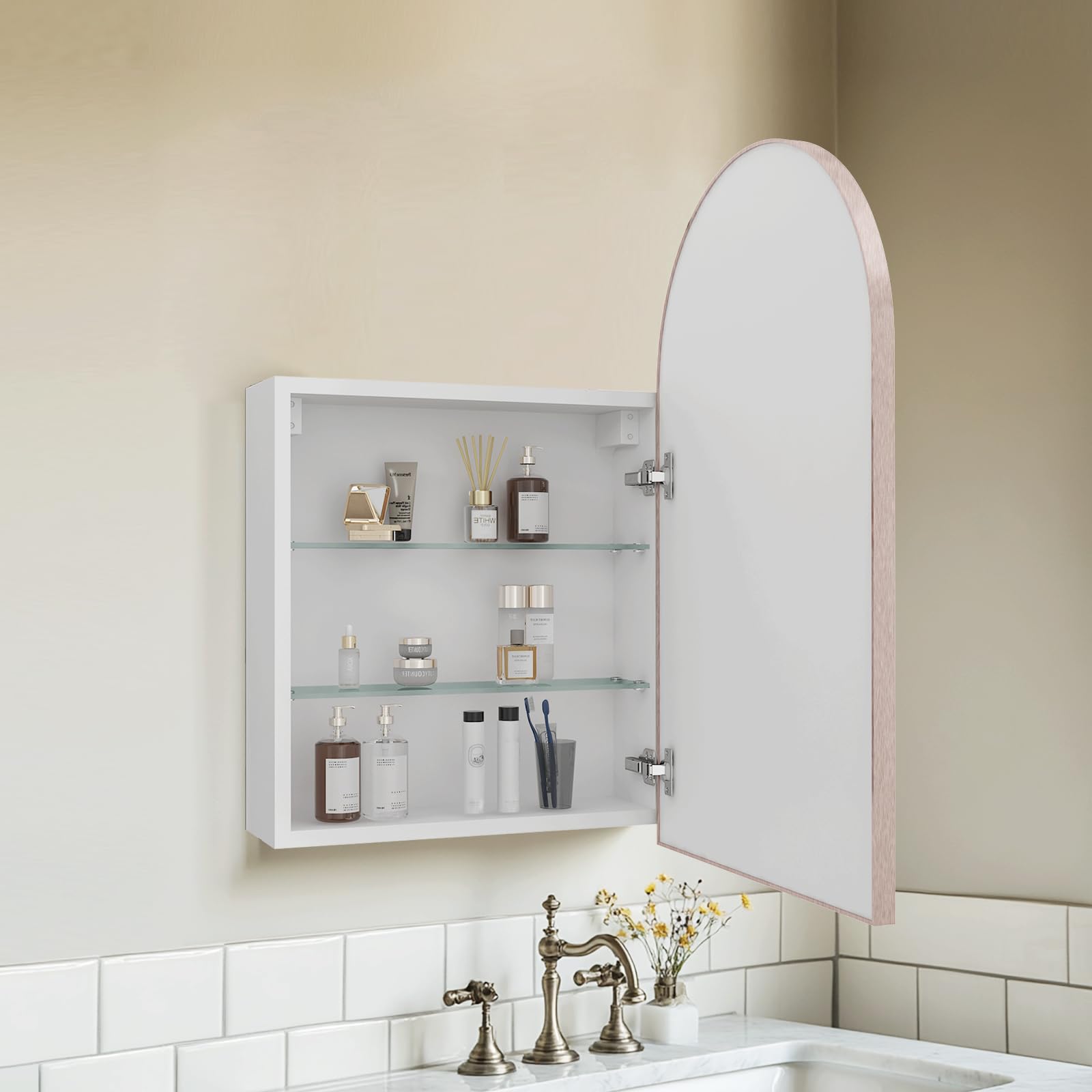 FKWin Arched Medicine Cabinet with Mirror - 16x26 Inch Rose Gold Aluminum Alloy Brushed Frame, Wall Mounted Bathroom Storage Mirror with 2 Adjustable Shelves, Surface Mount Vanity Mirror (Not Recessed) - Perfect for Small Bathrooms, Powder Rooms & Modern Home Decor