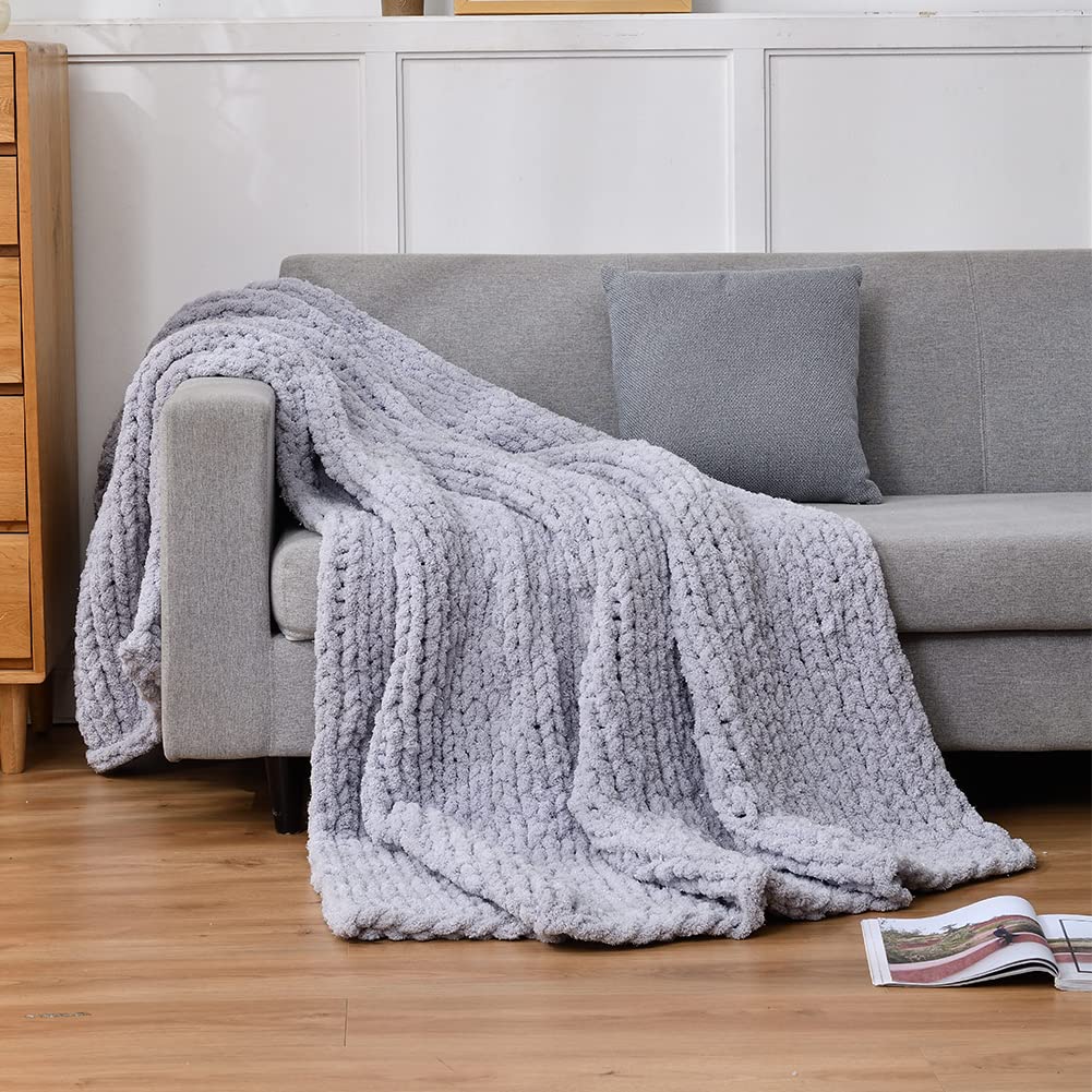 Chunky Knit Throw Blanket - Soft Cozy Handwoven Chenille Blanket for Bed, Sofa & Chair - Home Decor Gift - Fluorescent Yarn (Silver Light Grey, 40