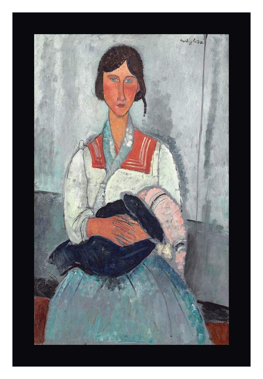 Gypsy Woman with Baby (1919) by Amedeo Modigliani - 24x36 Inch Black Framed Canvas Art Print - Wall Decor for Living Room, Bedroom & Office - Ready to Hang