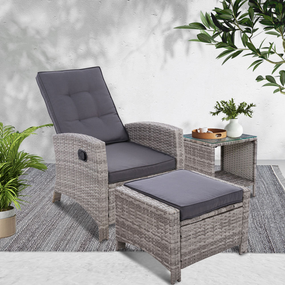 3-Piece Elise Outdoor Recliner Chair with Ottoman and Side Table Set - Grey Patio Furniture for Backyard, Poolside & Garden Relaxation