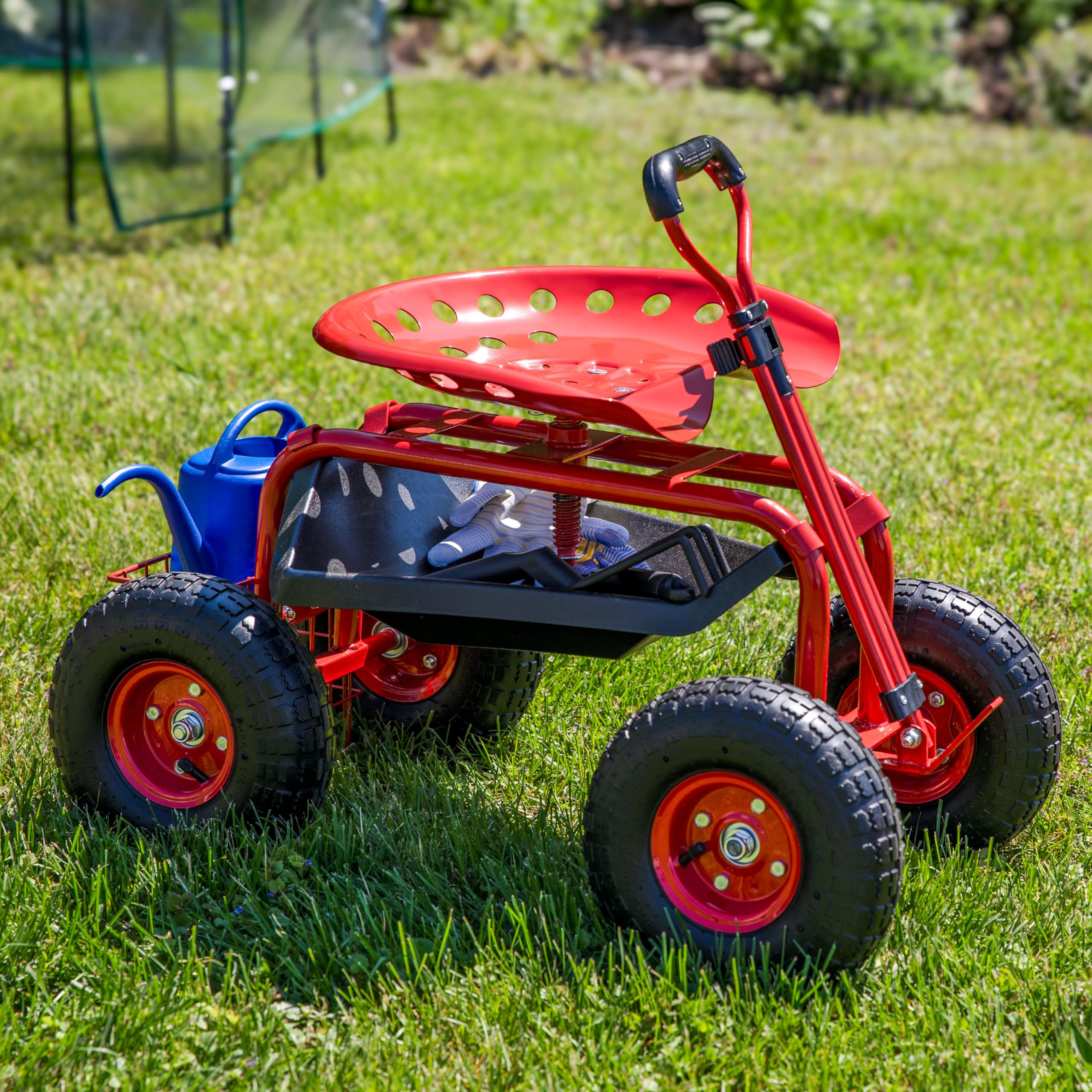 Sunnydaze Heavy Duty Garden Cart with Extendable Handle & Swivel Seat - Utility Rolling Scooter with Storage Basket - Outdoor Yard Work, Gardening & Home Improvement - Red