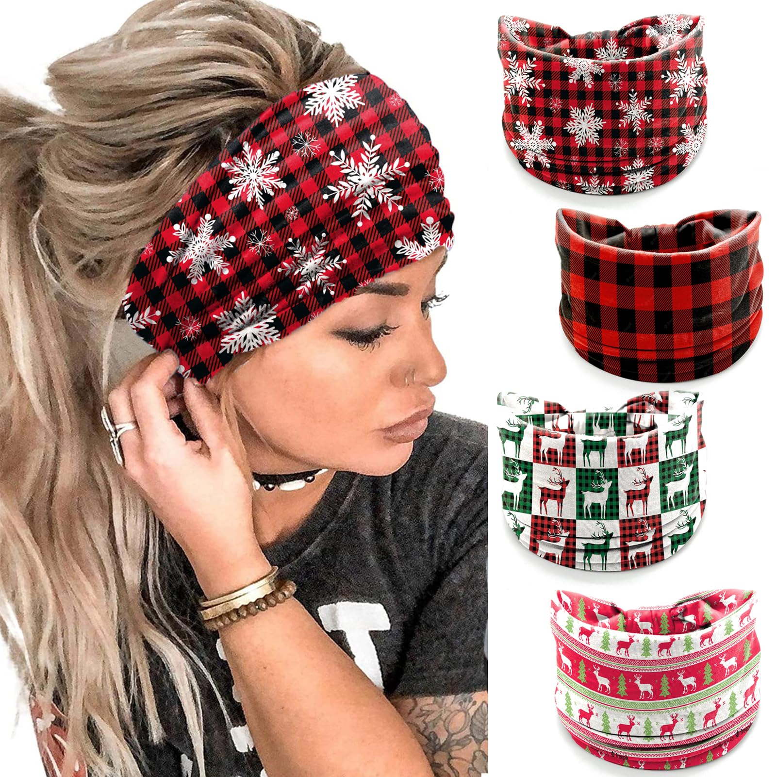4Pcs Christmas Headbands for Women - Snowflake Plaid Holiday Hair Bands, Festive Gift Hair Accessories for Xmas Party, Family Gathering & Holiday Photos (Red Plaid)