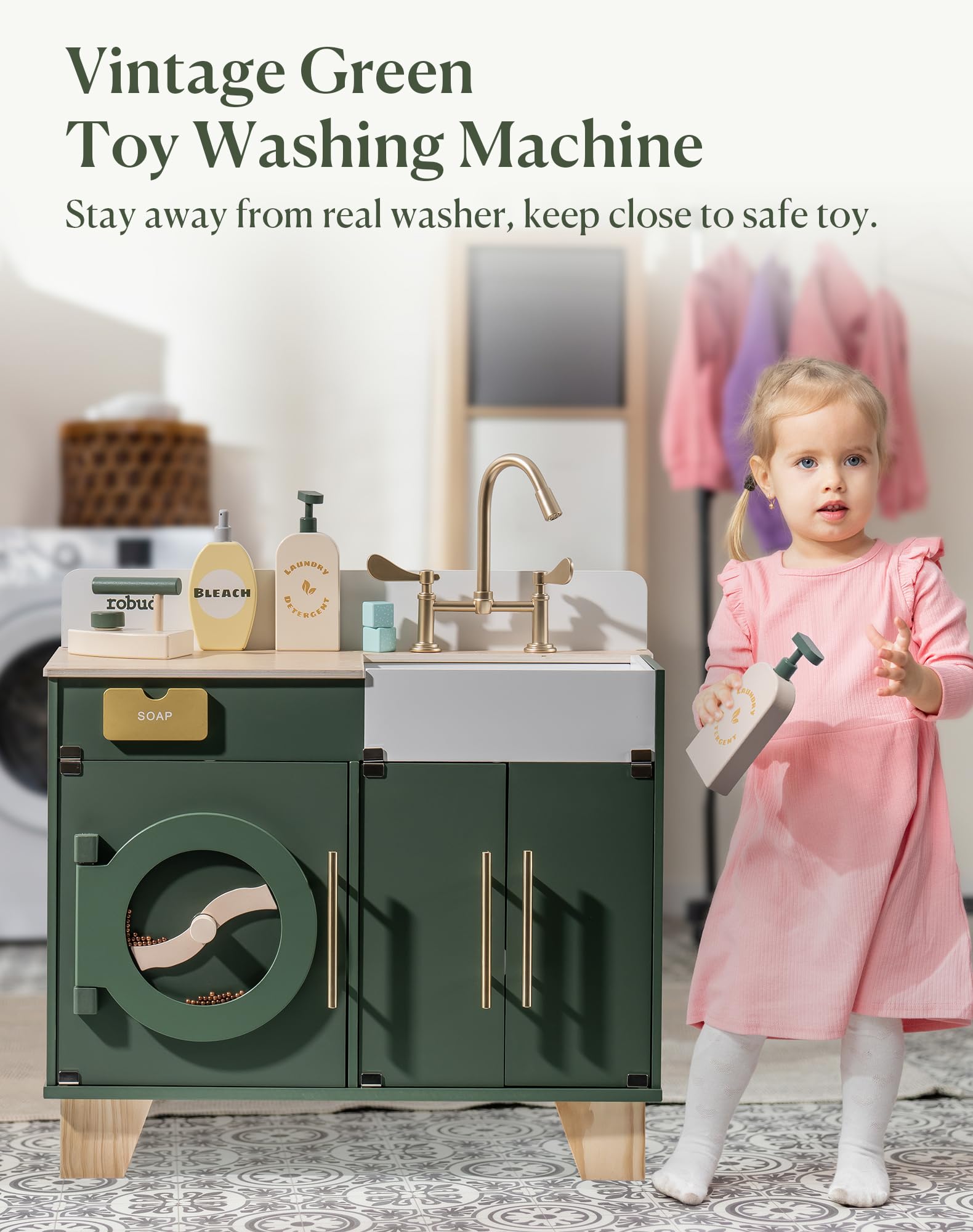 Wooden Kids Kitchen Playset with Washing Machine & Accessories - Pretend Play Toy for Toddlers & Children - Role Play Cooking & Cleaning Fun - Perfect Gift for Boys & Girls - Ideal for Home, Preschool & Daycare Playrooms