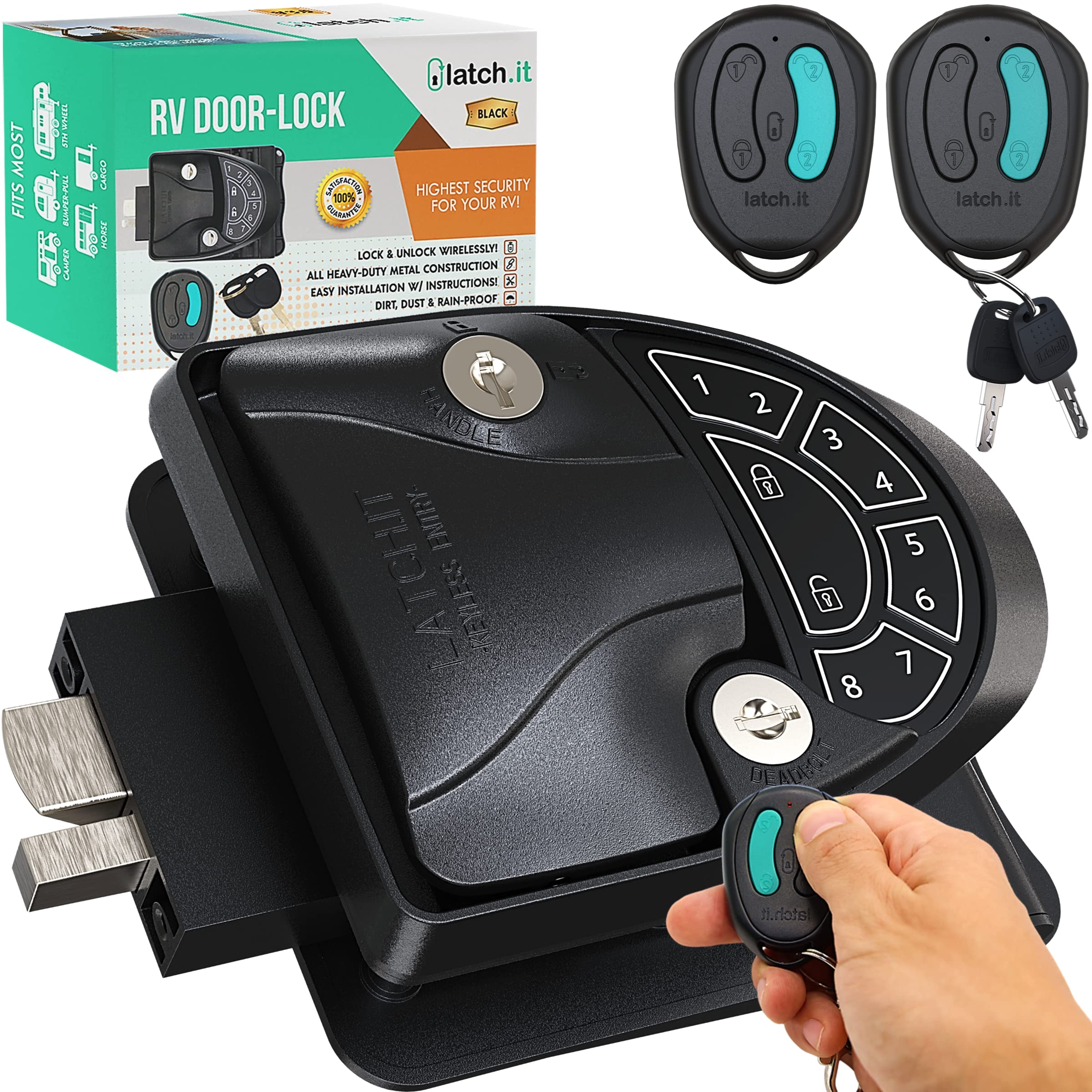 LATCH.IT RV Keyless Entry Door Lock - All Metal Keyless RV Door Lock with 2 Fobs | Weatherproof & Secure Electricals | Fits 2.75