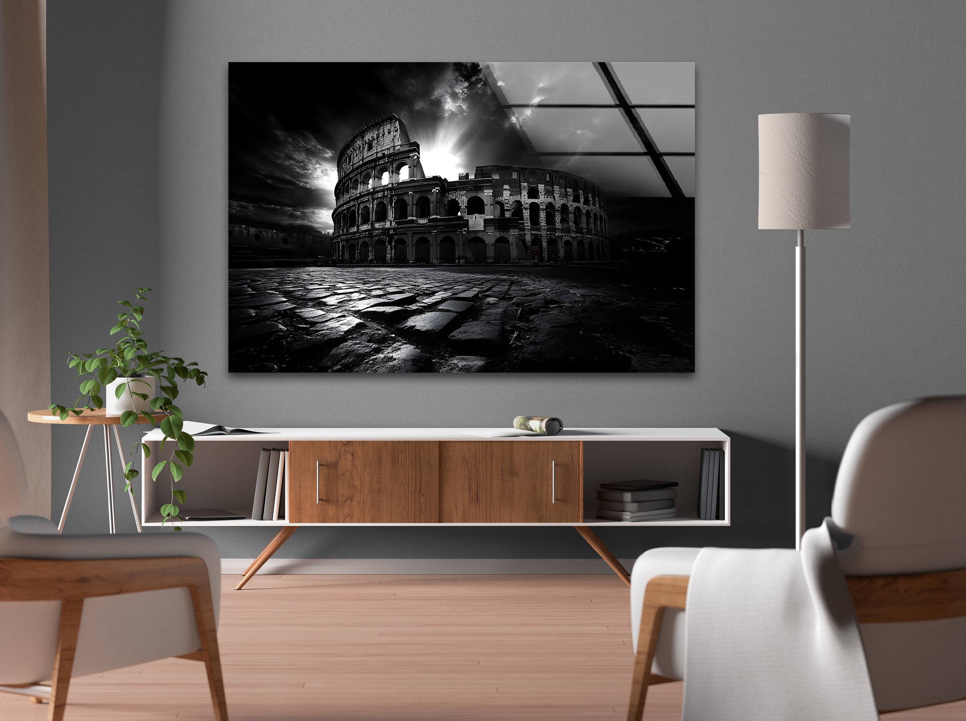 Black and White Roman Colosseum Wall Art - Stunning Architectural Glass Print for Home & Office Decor | Perfect for Living Room, Bedroom or Office Wall Display