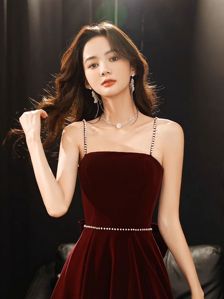 Elegant A-Line Velvet Burgundy Long Prom Dress for Women - Formal Evening Gown for Homecoming, Ball, and Special Occasions