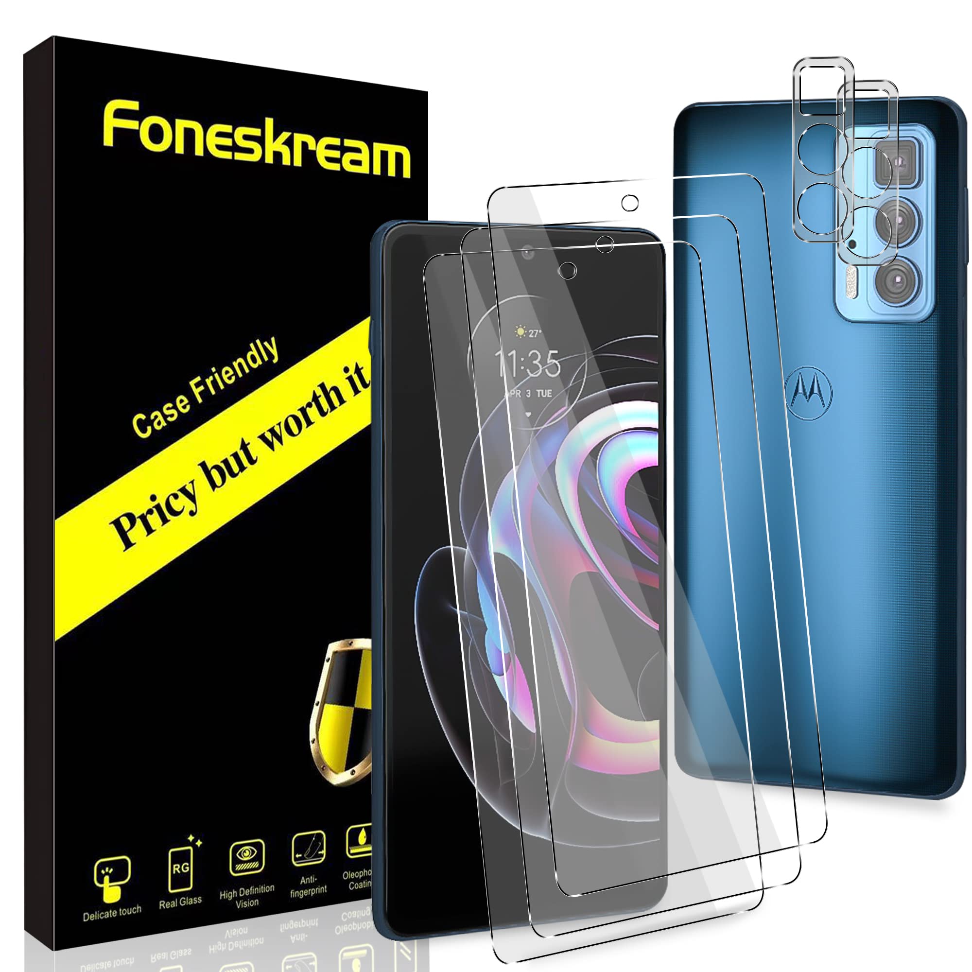[3+2 Pack] Foneskream Tempered Glass Screen Protector for Motorola Edge 2021 (6.8
