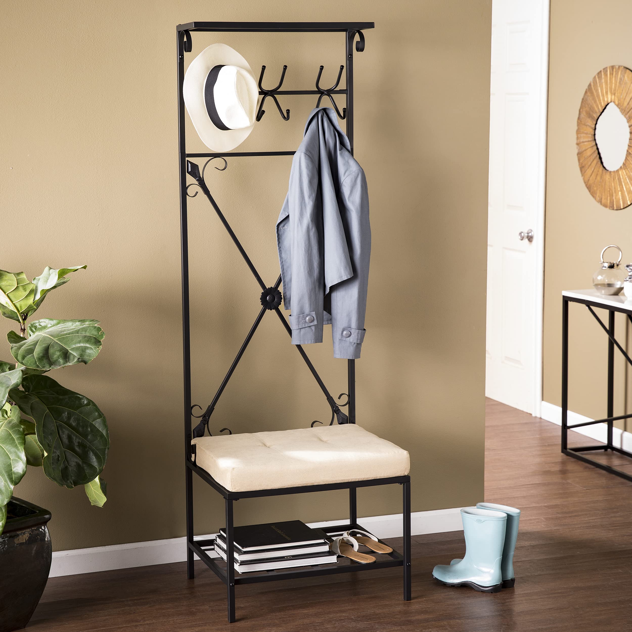 SEI Furniture Bench with Storage Rack - Black Textured Powder-Coated Entryway Bench for Hallway, Living Room & Bedroom Organization