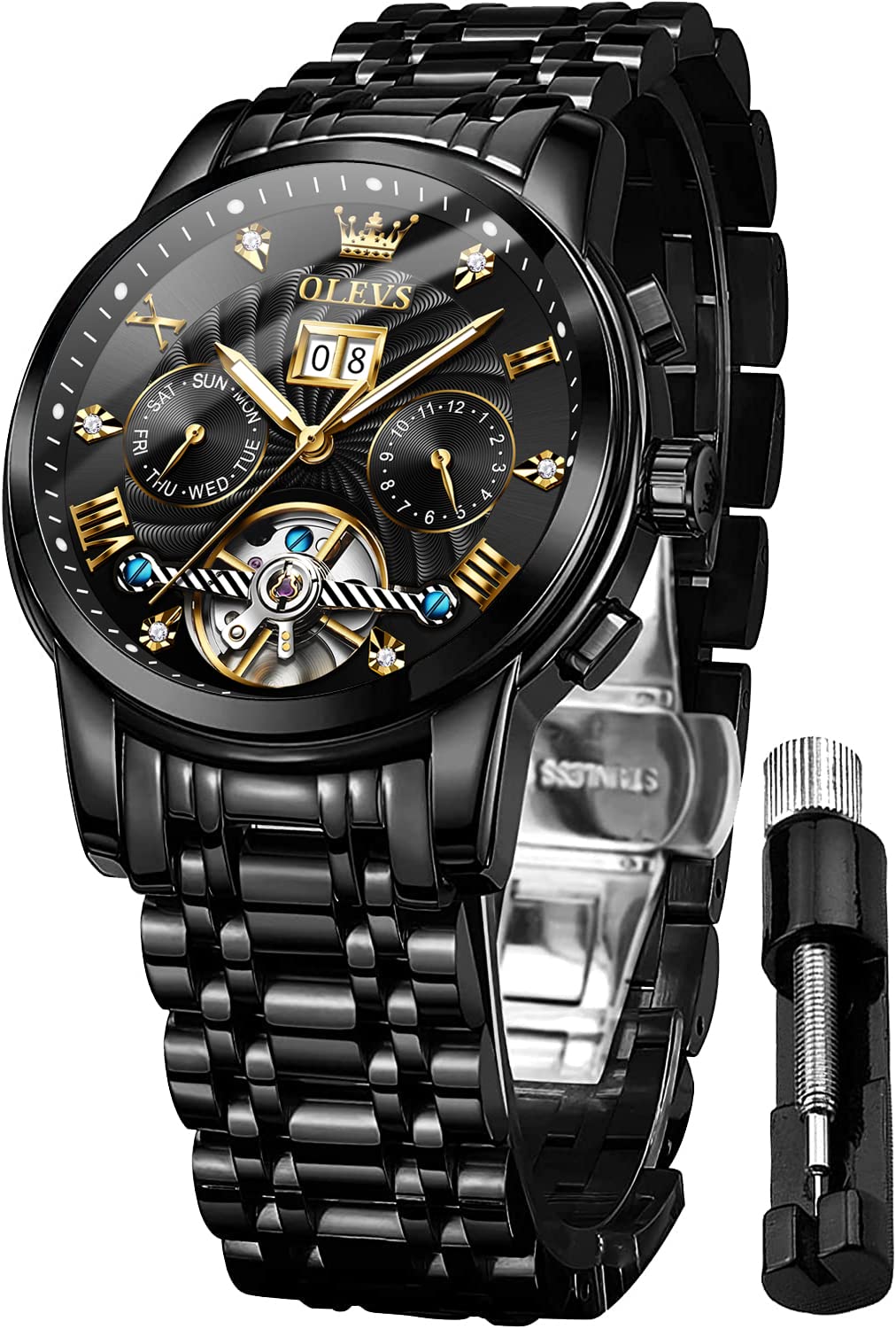 OLEVS Men's Automatic Skeleton Watch - Self-Winding Mechanical Watch with Luminous Hands, Waterproof, Diamond Accents, Week & Month Display - Perfect for Business, Dress & Casual Wear