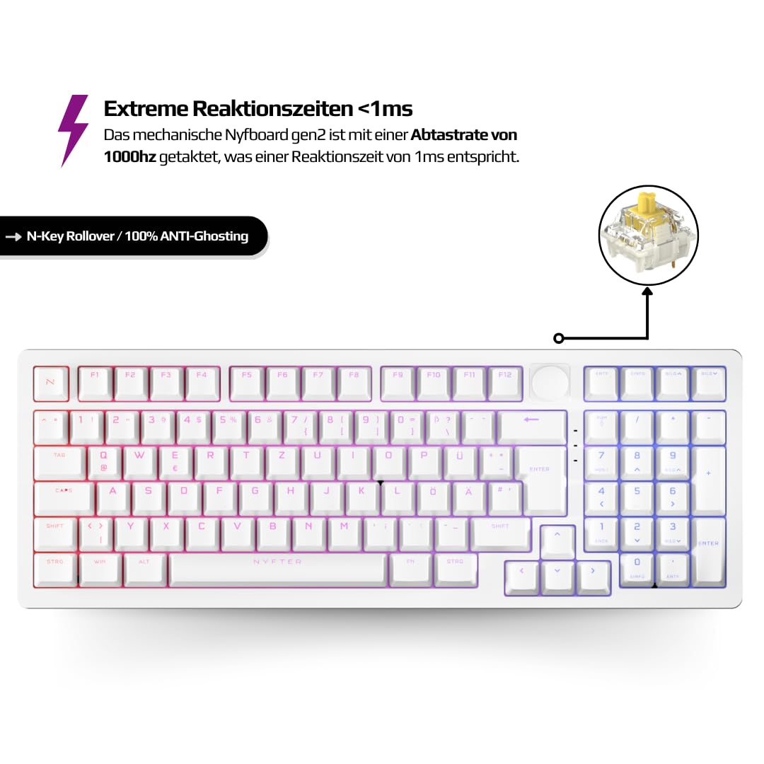 Nyfter Gaming Keyboard - 98% Layout, Gateron Yellow Switches, Hot-Swappable RGB - Perfect for Competitive Gamers