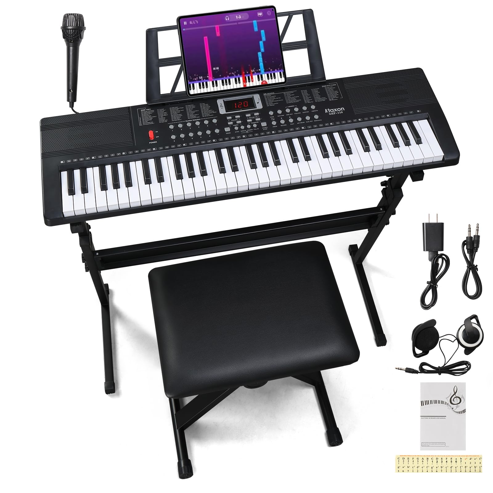 Ktaxon 61-Key Electronic Keyboard Piano Set with Headphone, Microphone, Music Stand, Power Adapter, Adjustable Bench - Portable Digital Piano for Beginners & Kids - Perfect for Home Practice, Music Lessons & Live Performances (Black)