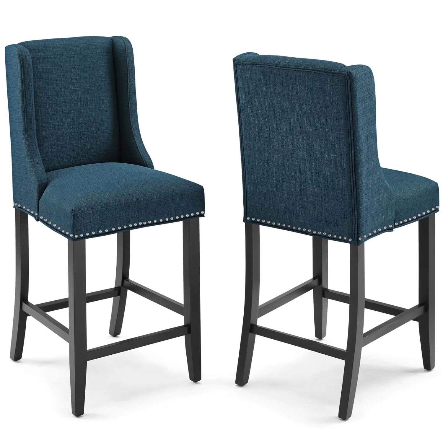 Modway Baron Counter Stool Set of 2 - Upholstered Fabric Bar Stools in Azure Blue for Kitchen Island & Breakfast Nook - Modern Counter Height Stools with Back Support