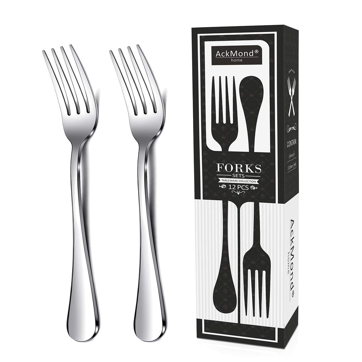 AckMond 12-Piece Stainless Steel Dinner Forks Set - 8 Inch (20 cm) Heavy Duty Mirror Polished Tableware for Restaurants, Weddings & Fine Dining