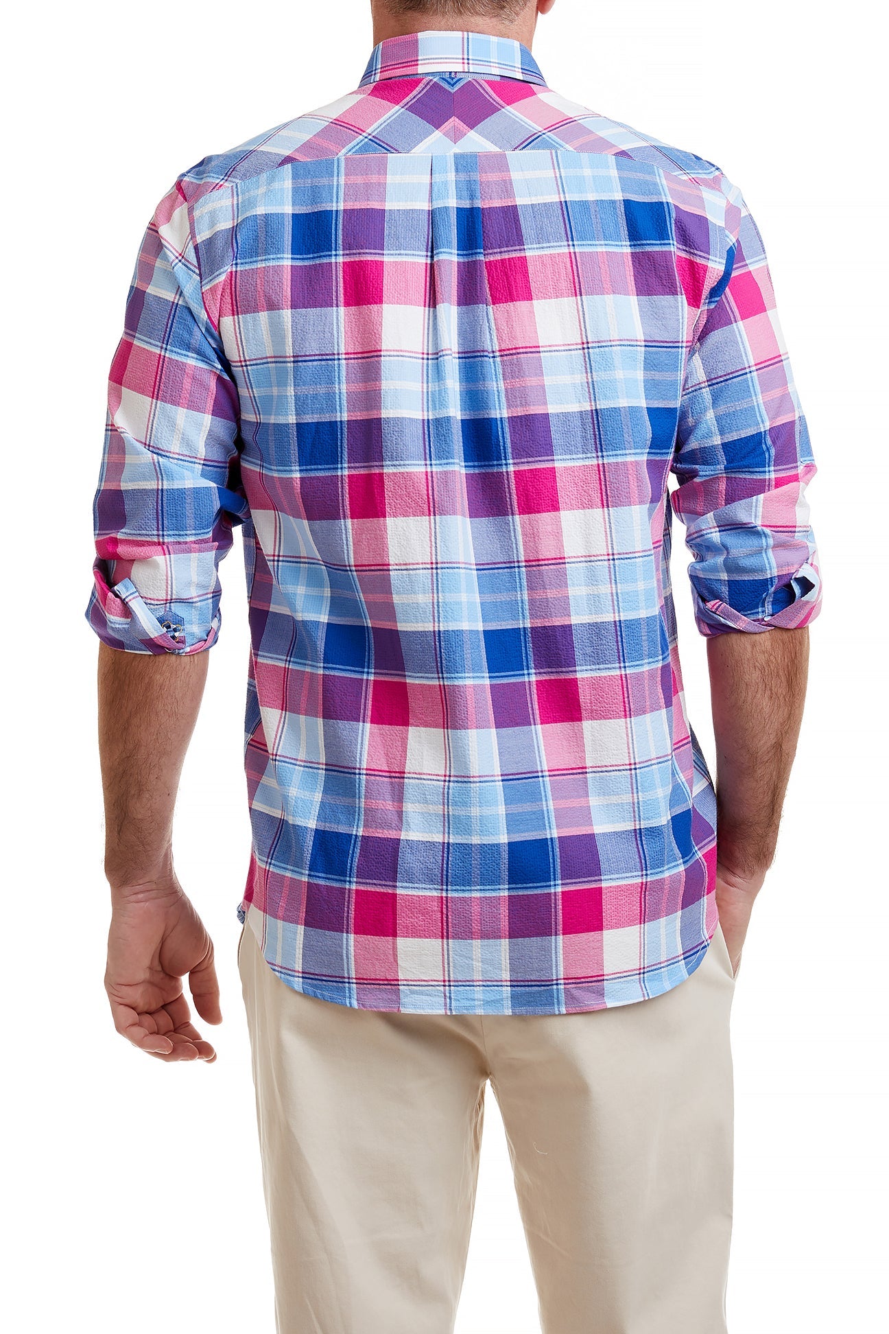 Chase Shirt Blue with Pink Plaid Seersucker - Stylish Casual Button Down Shirt for Men | Perfect for Summer Outings, Beach Vacations & Office Wear