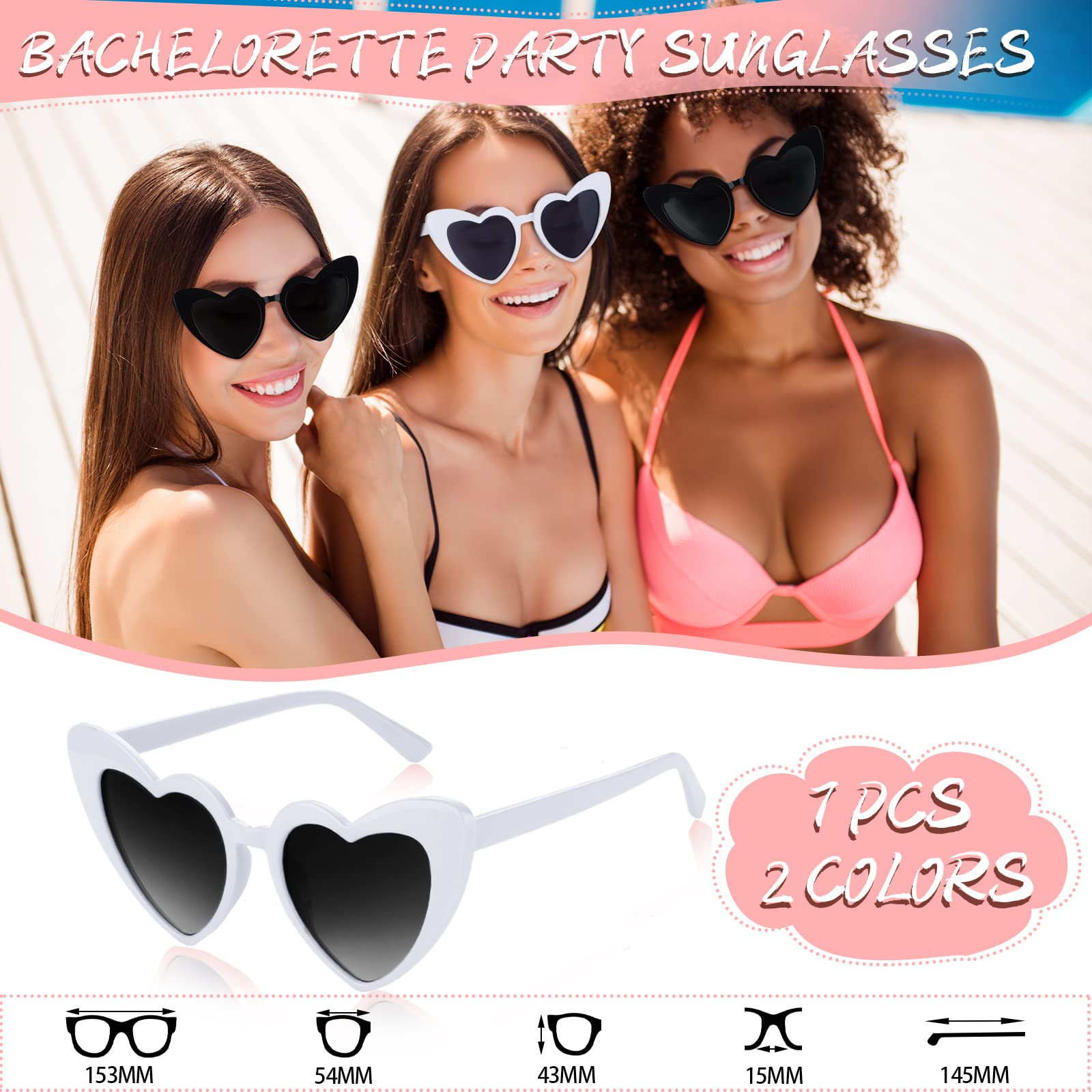 Heart Shaped Sunglasses & Satin Bridesmaid Scrunchies Set - 7 Pack Wedding Party Favors, Bachelorette Gifts for Women & Girls (Black/White) - Perfect for Bridal Showers, Beach Weddings & Girls' Night Out