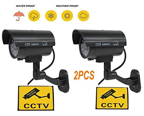 BW Fake Security Camera - 2 Pack Dummy CCTV Surveillance Camera with Flashing Red LED, Weatherproof for Indoor & Outdoor Use - Ideal for Home, Office, and Business Security Deterrent