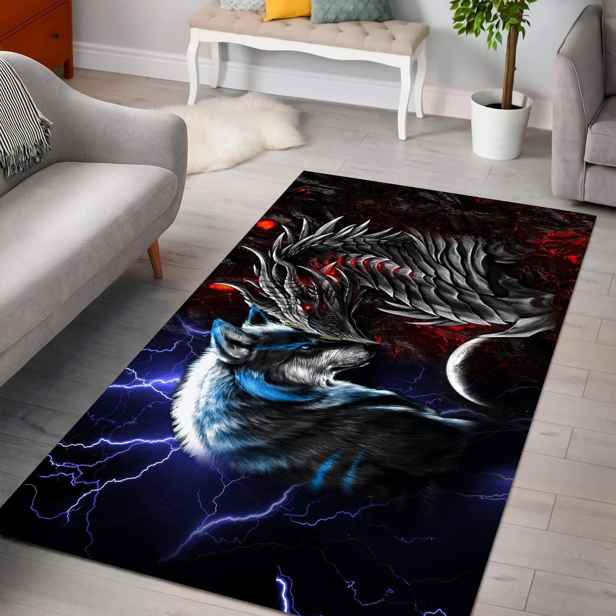 Red Blue Dragon and Wolf Area Rug - Soft Non-Slip Floor Carpet for Living Room, Bedroom, Nursery, Yoga & Meditation Space | Home Decor Gift Idea