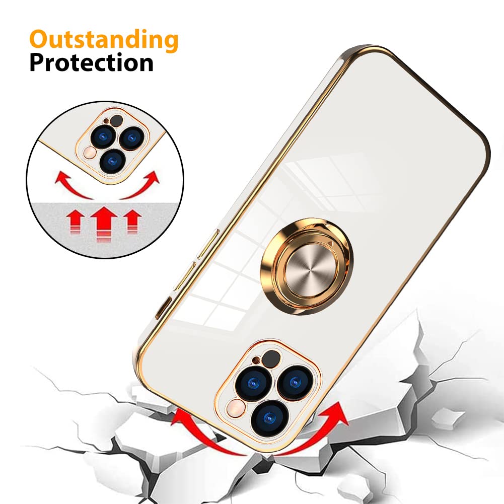 Magnetic iPhone 13 Pro Case 6.1 Inch with 360° Rotating Kickstand & Screen Protector - Shockproof Slim Bumper Cover, Soft Edges (White) | Perfect for Work, Travel & Everyday Protection