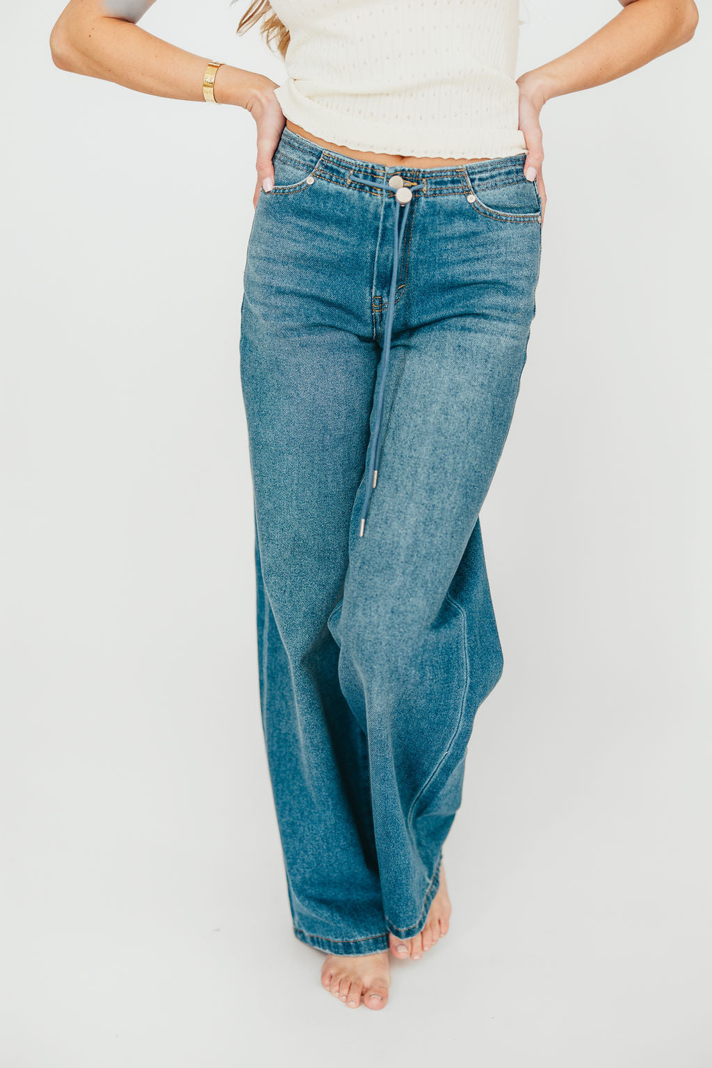 Stylish Baltic Jade Drawstring Wide Leg Jeans for Women - Comfortable High Waist Loose Fit Pants for Casual Outings & Boho Fashion