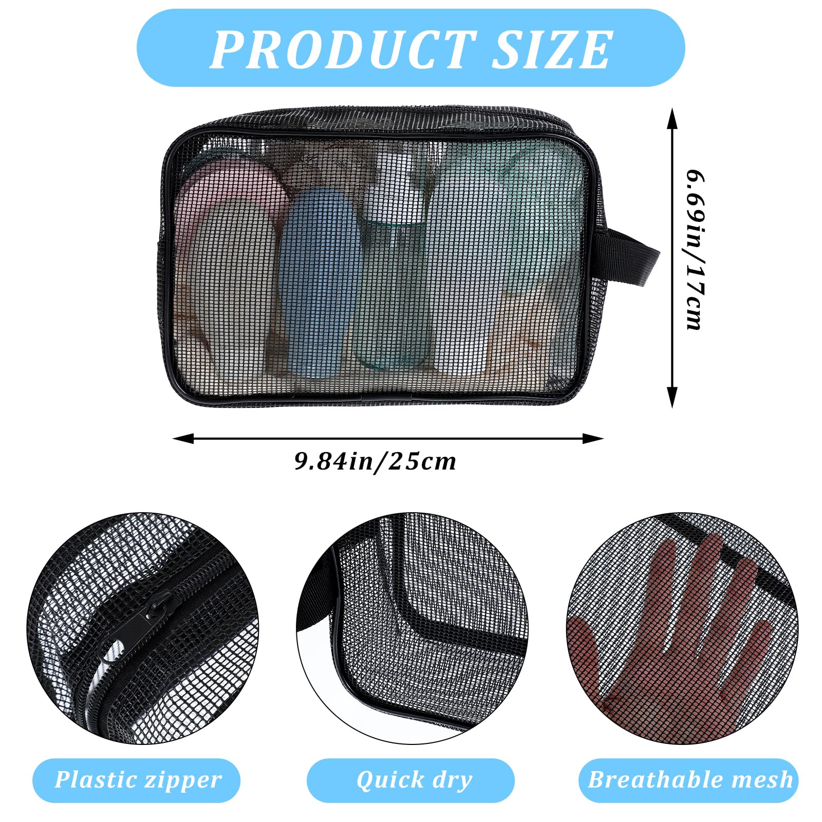 Portable Mesh Shower Caddy - Quick-Dry Toiletry Travel Bag for Gym, Camping, College Dorm & Bathroom Organization - Black Waterproof Shower Organizer with Hanging Hook (Ideal for Travel, Outdoor Adventures & Small Space Storage)