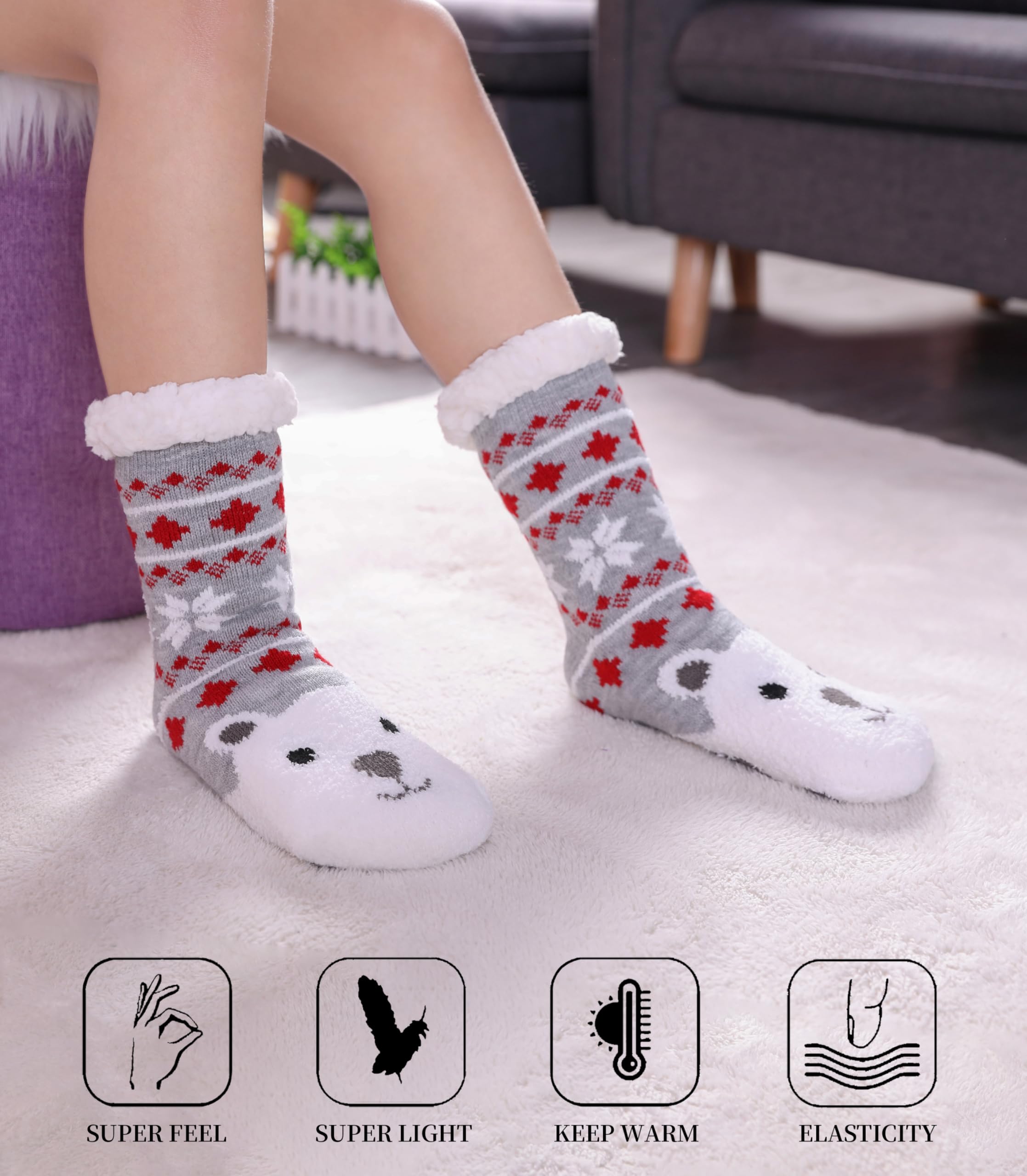 SDBING Kids Fuzzy Slipper Socks for Boys & Girls - Soft Cozy Fluffy Grips Socks with Non-Slip Soles | Warm Winter House Slippers for Indoor Comfort, Christmas Gifts & Holiday Wear