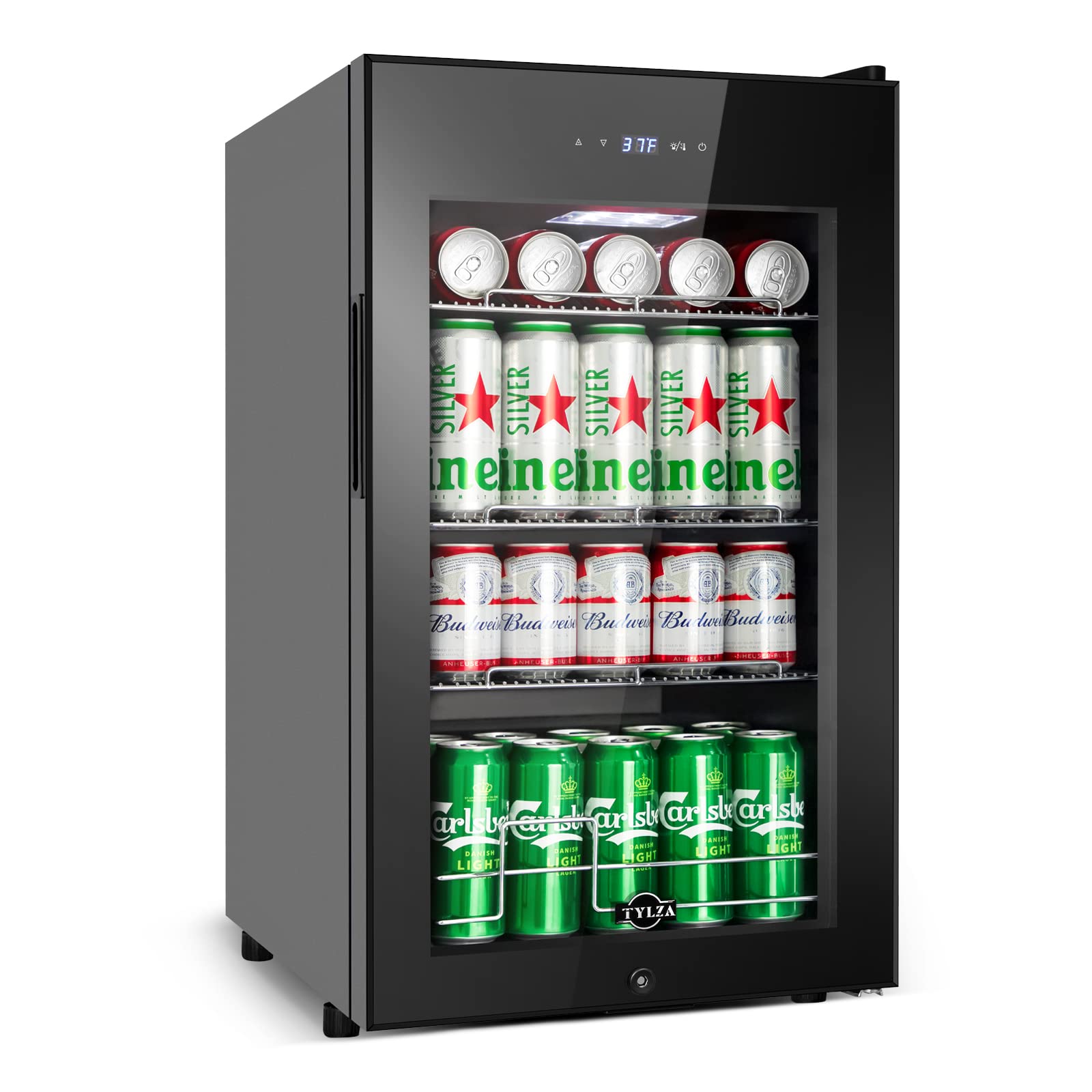 Tylza Mini Beverage Refrigerator - 101 Can Capacity Freestanding Drink Cooler with Glass Door for Soda, Beer, Wine & Water - Compact Mini Fridge with White LED Light for Home, Office, Bar or Dorm Room - Energy Efficient & Quiet Operation