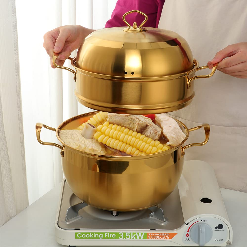 Premium Stainless Steel Steamer Cookware Set - 3-Piece Multi-Layer Cooking Pot for Vegetables, Dumplings, Stocks & Sauces (Gold) - Perfect for Healthy Meal Prep, Asian Cuisine & Home Cooking