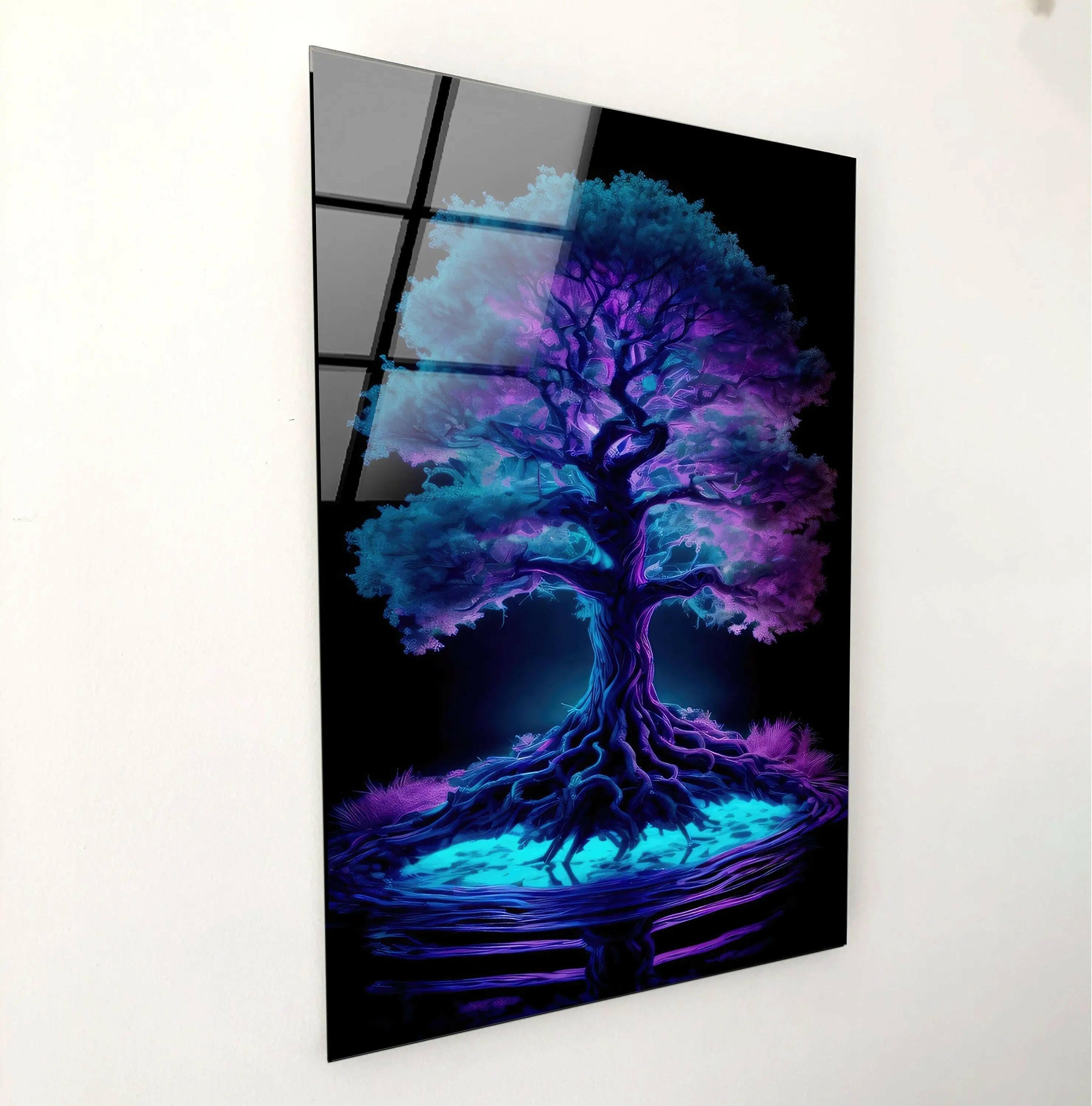 Handmade Blue Purple Tree Stained Glass Wall Art - Nature Inspired Sun Catcher Window Decor for Living Room, Bedroom & Office
