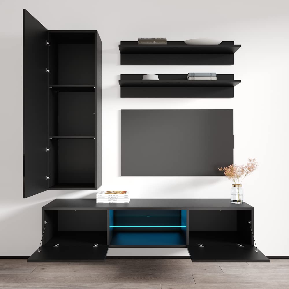 Modern Wall-Mounted TV Stand with Storage Shelves & LED Lights - Floating Entertainment Center Console for Living Room & Bedroom - Black H1 33TV Stand - Perfect for Small Spaces, Apartments, and Home Theater Setups