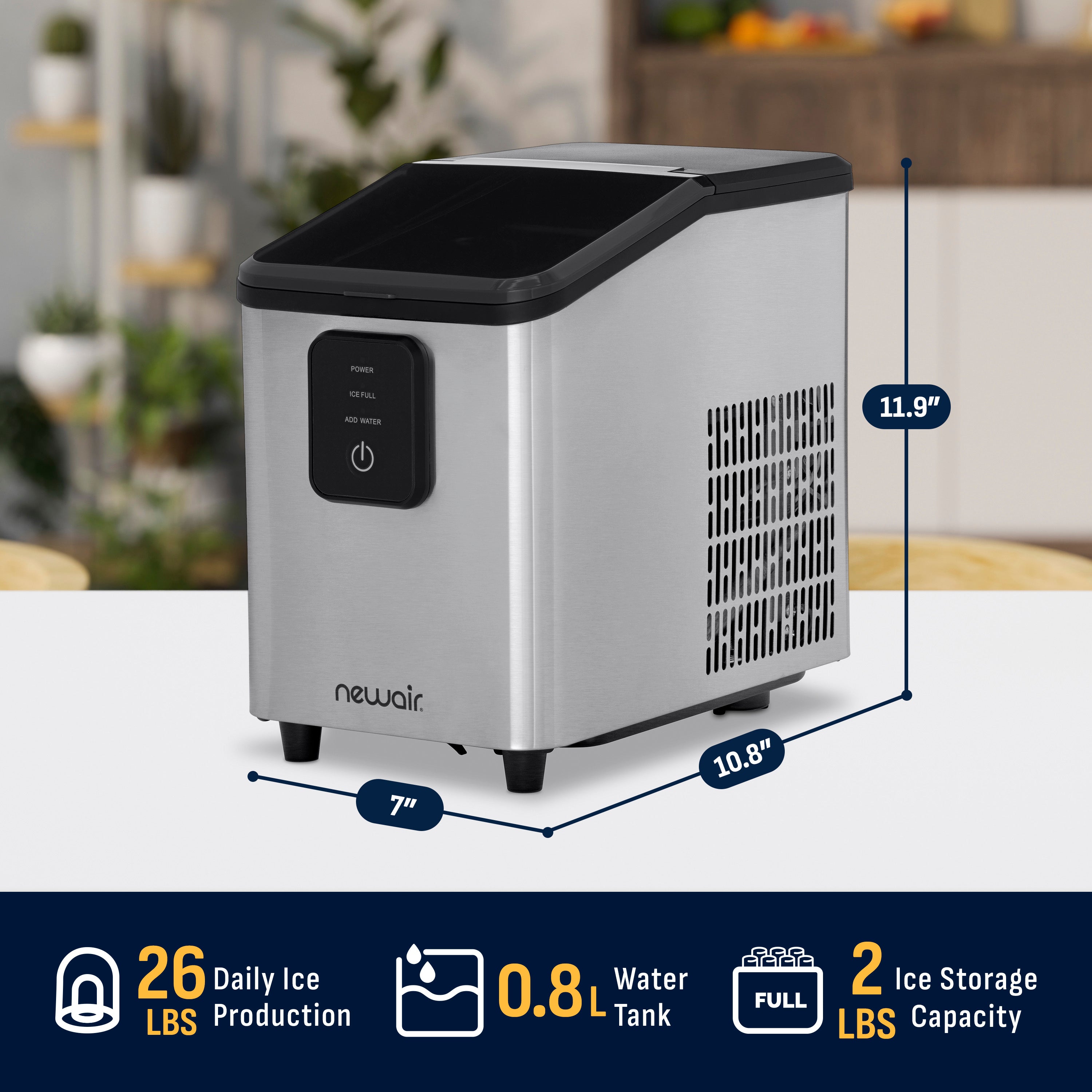 Newair® Stainless Steel Mini Countertop Bullet Ice Maker - 26lbs/Day Ice Production for Cocktails, Beverages & Home Bars