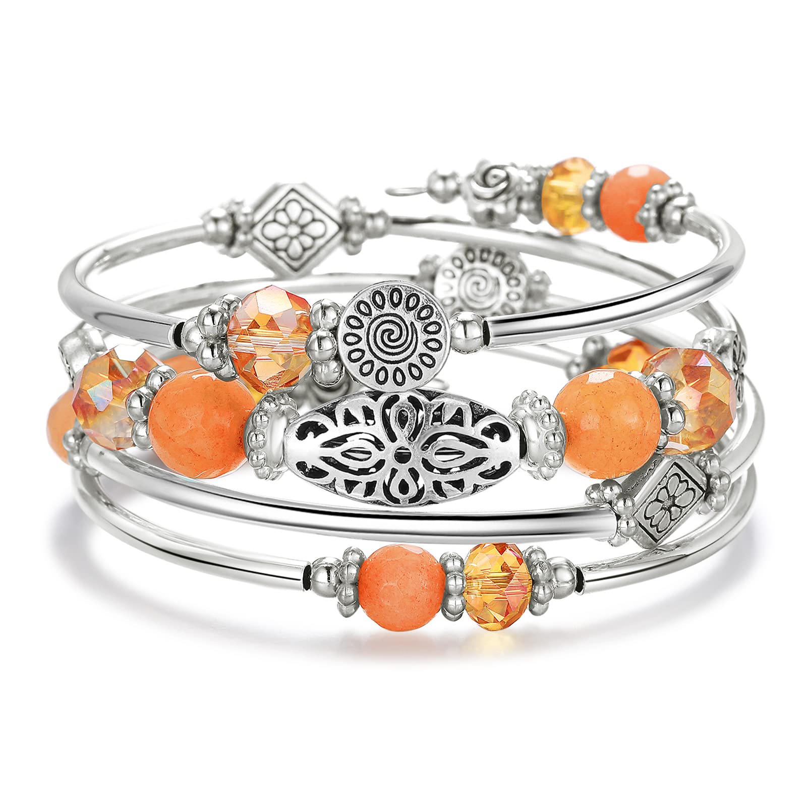 Stackable Boho Beaded Bracelets for Women - Autumn Wrap Silver Jewelry Gift for Her, Perfect for Layering & Casual Wear
