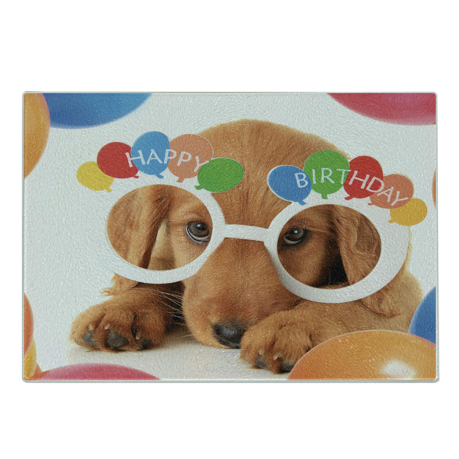 Ambesonne Birthday Party Cutting Board - Decorative Tempered Glass Serving Board with Celebration Puppy Dog Design, Golden Glasses & Balloons - Perfect for Birthday Gifts, Party Decor, Cheese & Charcuterie Serving - Small Size Multicolor Kitchen Essential