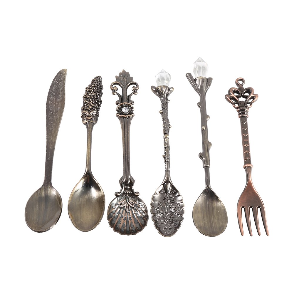 Estink 6-Piece Royal Style Spoon and Fork Set - Vintage Metal Teaspoons, Kitchen Utensils for Fruit, Coffee & Tea (Green Bronze) - Perfect for Afternoon Tea, Dinner Parties & Gift Giving