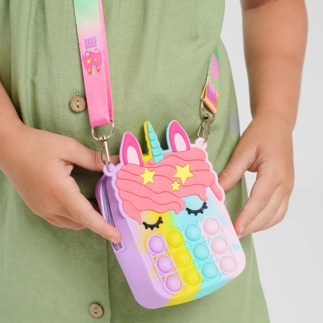 TNSRAY Unicorn Pop It Fidget Bag - 2 in 1 Pop Bubble Push Toy with Adjustable Silicone Shoulder Strap, Sensory Stress Relief Gift for Kids Ages 5-8 - Perfect for Travel, School & Anxiety Relief