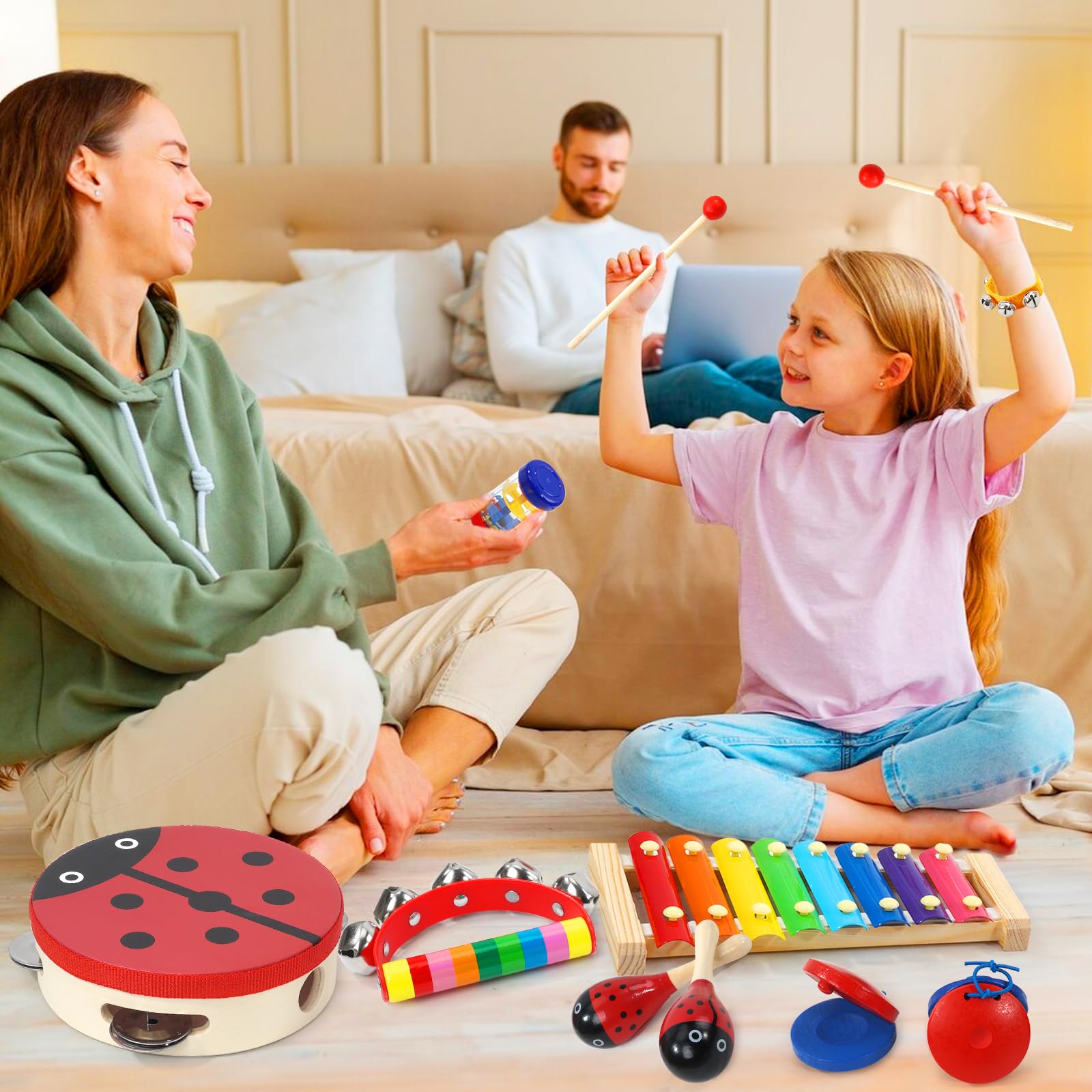 Raimy Kids Wooden Percussion Musical Instruments Set - Educational Toddler Music Toys for Boys & Girls with Carrying Bag (Red) | Preschool Learning, Birthday Gift & Early Childhood Development