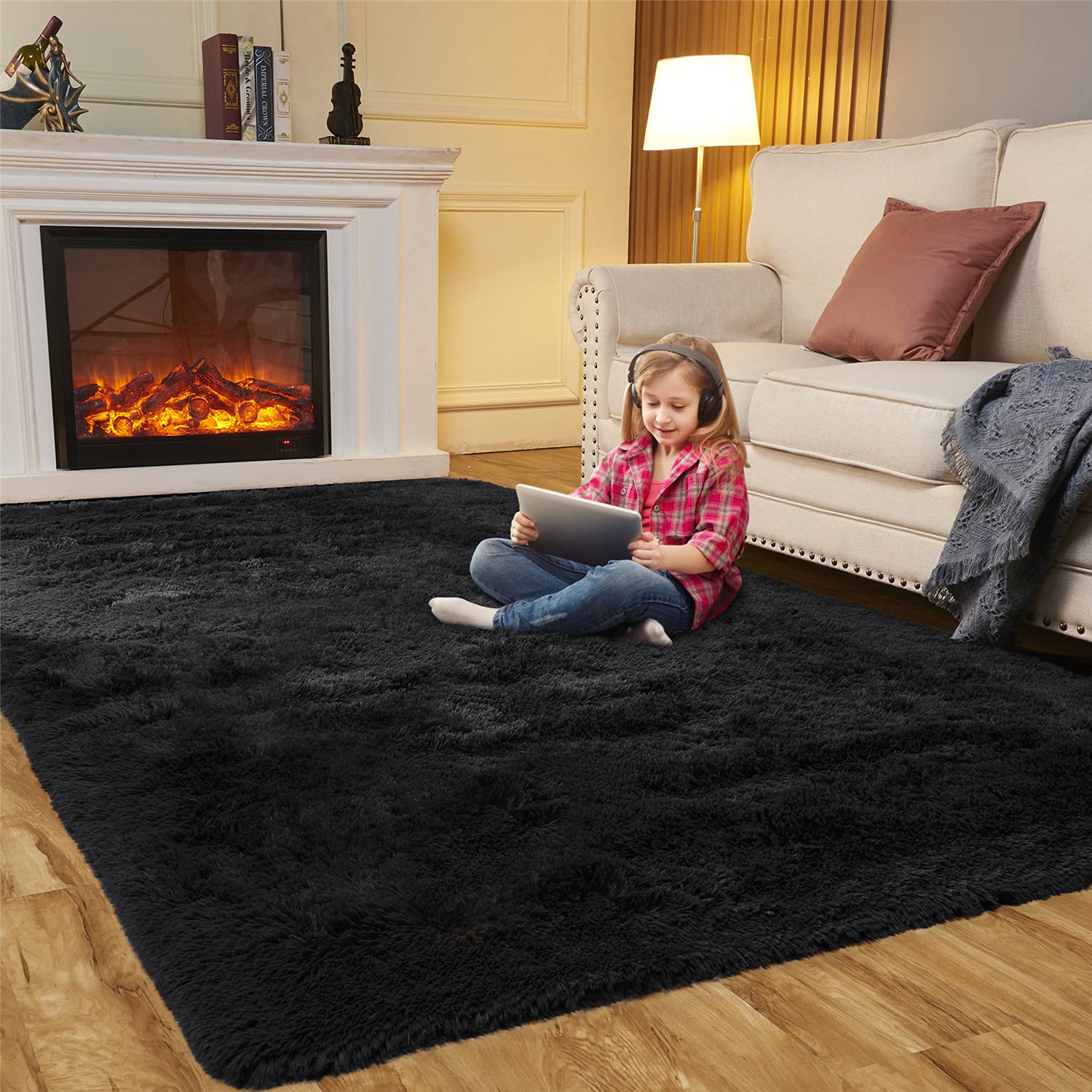 6x9 Feet Soft Fluffy Shaggy Area Rug - Plush Black Carpet for Bedroom, Living Room, Nursery & Dorm | Cozy Throw Rug for Teens Room & Home Decor