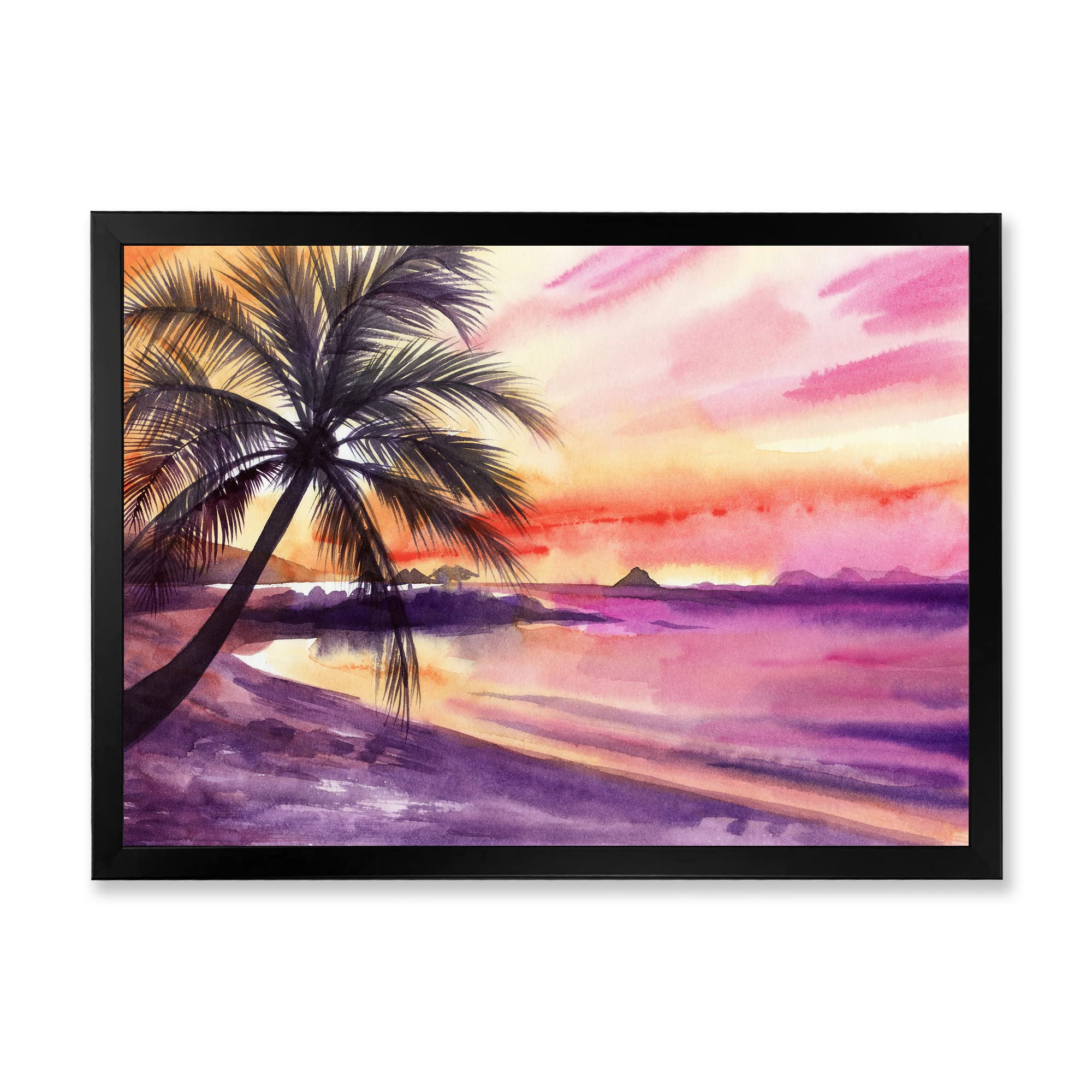 DesignQ Pink and Purple Palm Beach Sunset Nautical Coastal Framed Wall Art - Perfect for Beach House Decor, Living Room, Bedroom & Office Wall Decor