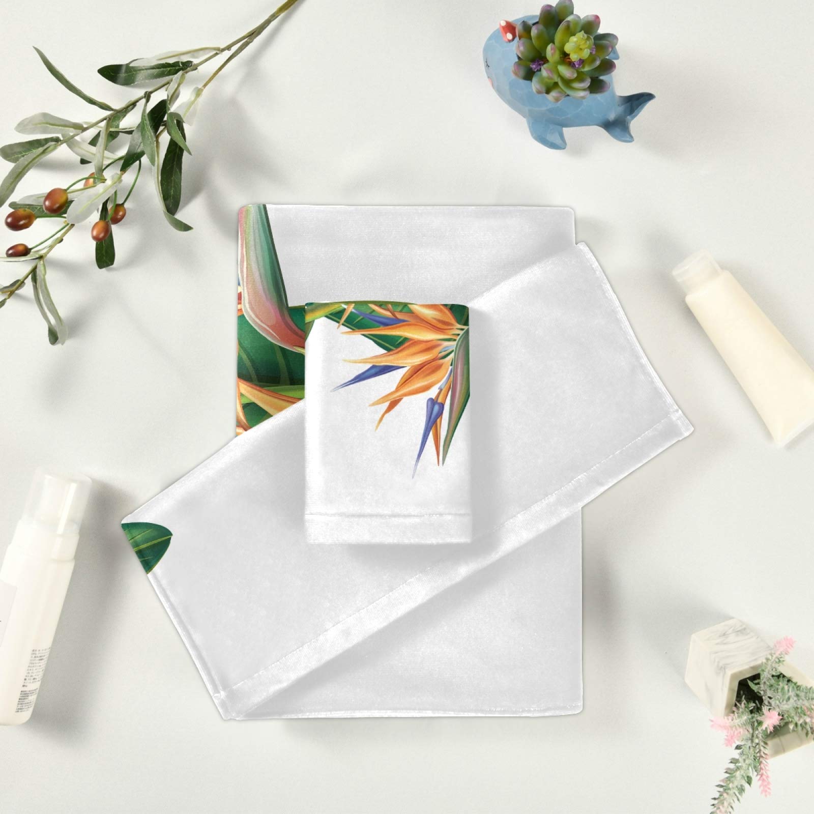 Strelizia Regen Flowers Bath Towel Set - 3 Piece Soft, Absorbent Hand Towels & Washcloth for Home, Bathroom, Hotel, Gym, Spa | Bird of Paradise Floral Decor for Spring & Summer