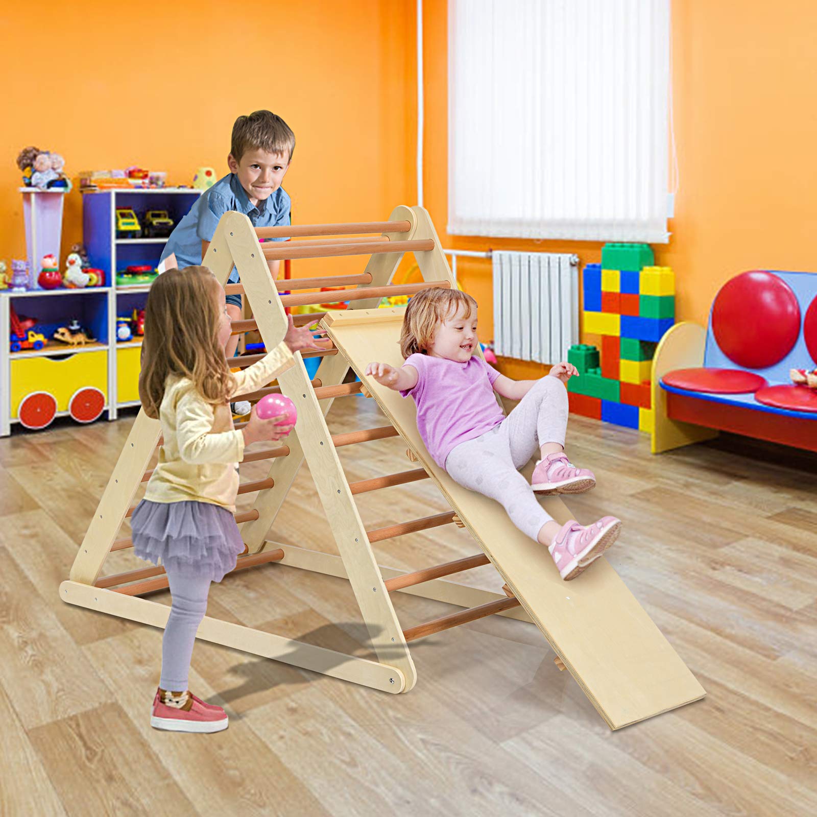 HONEY JOY 2-in-1 Foldable Wooden Triangle Climber with Ramp, Ladder & Slide - Indoor Toddler Climbing Set for Playground, Gym & Daycare - Perfect Gift for Boys & Girls (Natural) - Ideal for Montessori Play, Home Exercise & Early Childhood Development