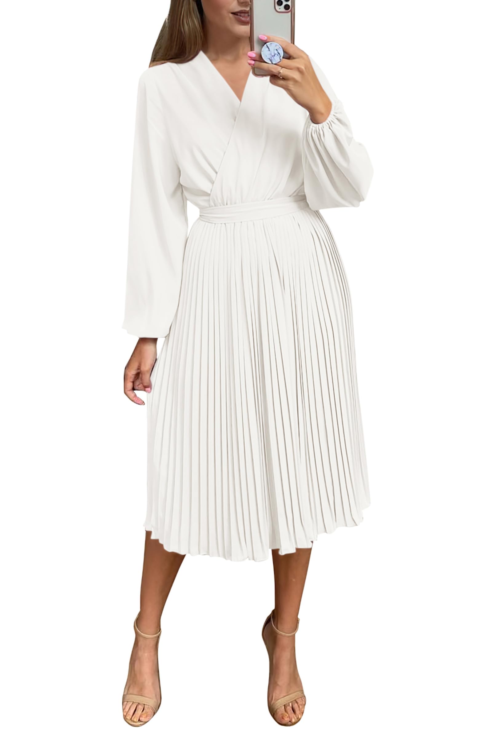 PRETTYGARDEN Women's Spring & Fall Midi Dress with Long Puff Sleeves, Wrap V-Neck, Flowy Ruffle Pleated Design - Perfect for Casual Outings, Date Nights & Office Wear