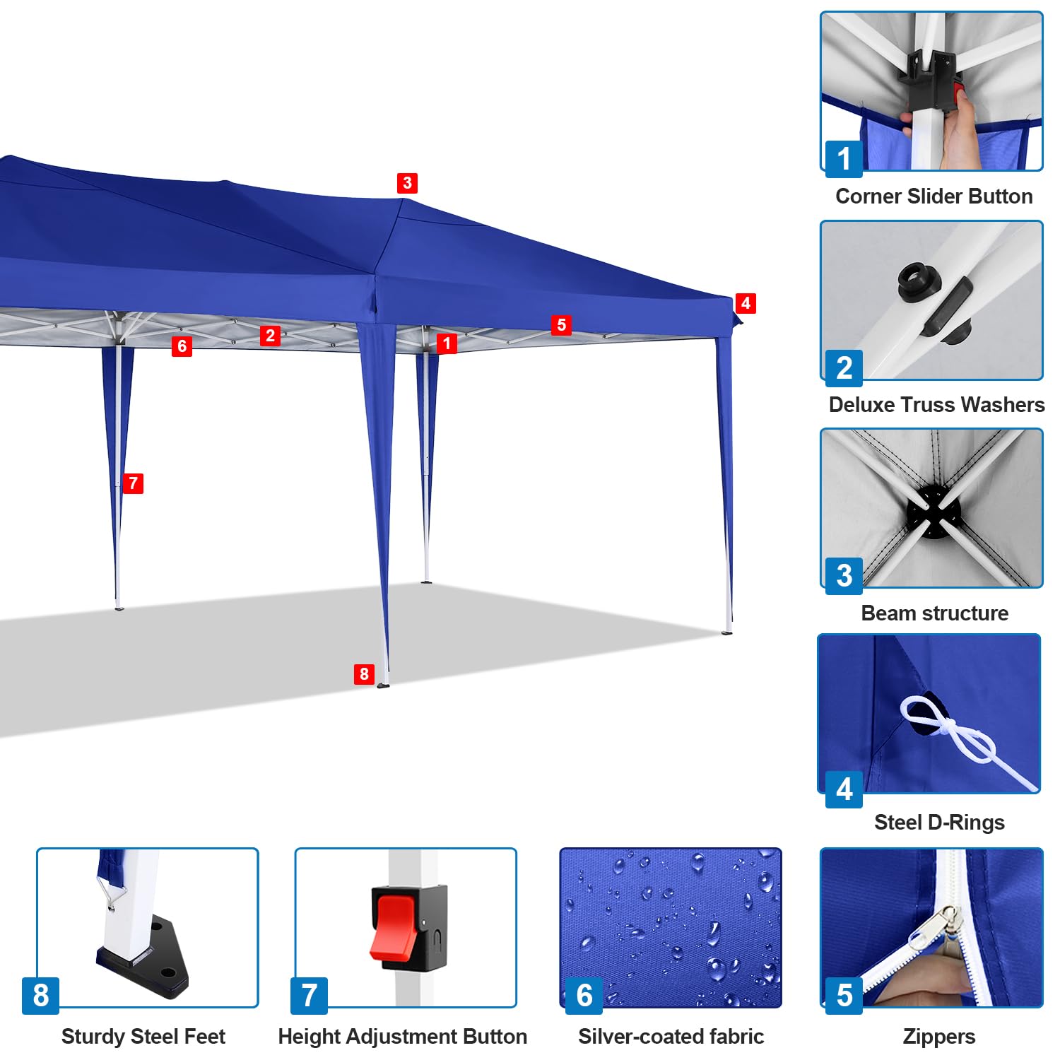COBIZI 10x20 Pop Up Canopy Tent with 6 Sidewalls - Waterproof Outdoor Event Shelter, UPF 50+ Gazebo for Parties, Beach, Camping & Weddings - Navy Blue Commercial Instant Canopy - Perfect for Backyard BBQs, Farmers Markets & Tailgating