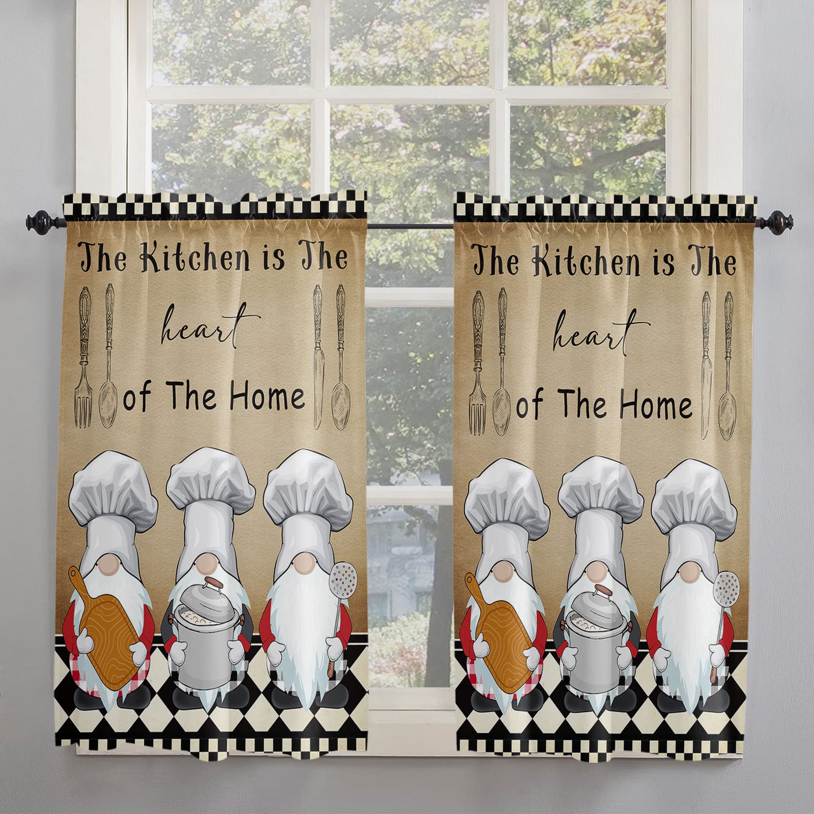 Chef Gnomes Black & White Buffalo Plaid Kitchen Curtains Set of 2 Panels - 55