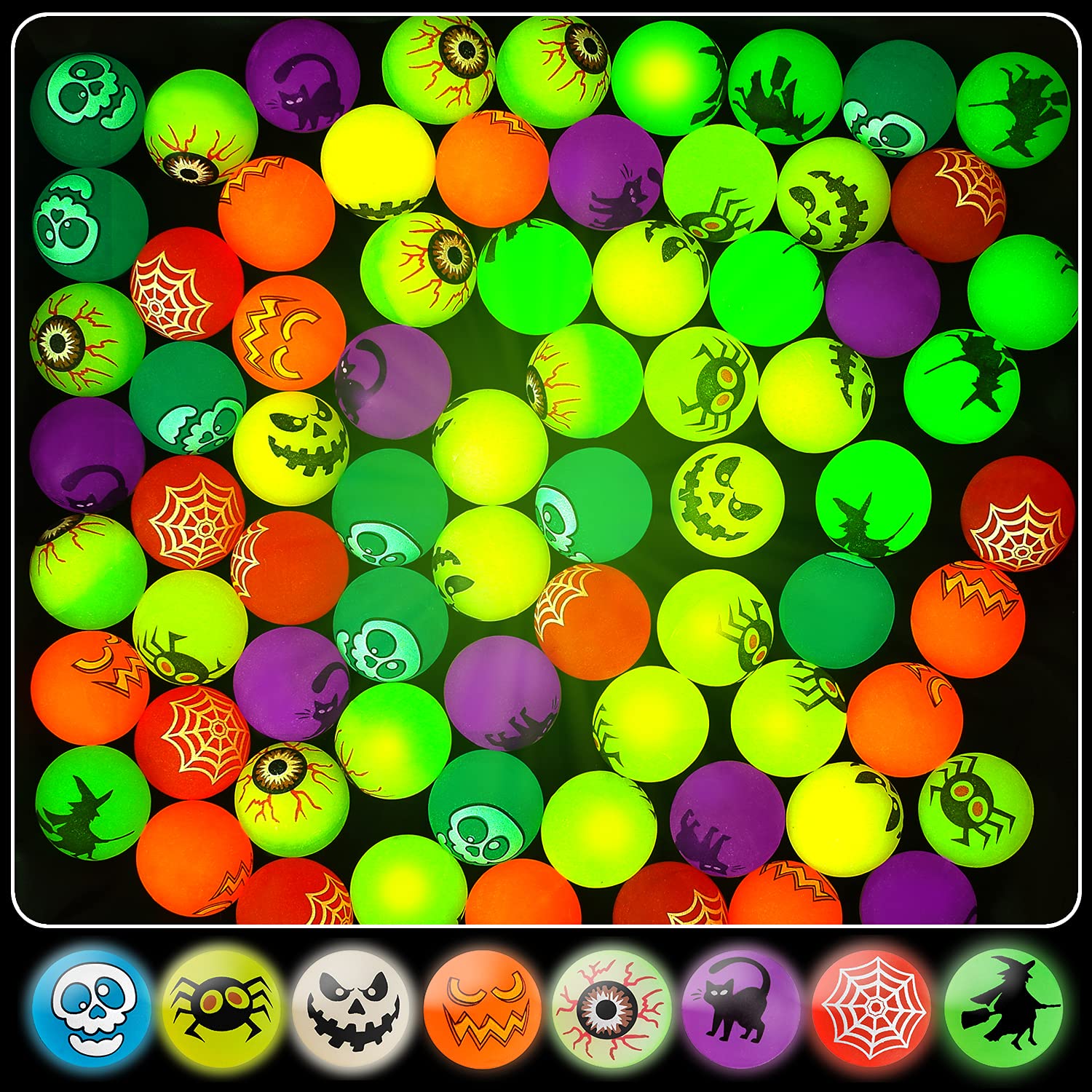 64pcs Glow in The Dark Bouncing Balls - 8 Halloween Themed Bouncy Toy Balls for Party Favors, Trick or Treat Gifts & Classroom Rewards | Fun Halloween Party Supplies, Kids Games & Nighttime Outdoor Activities