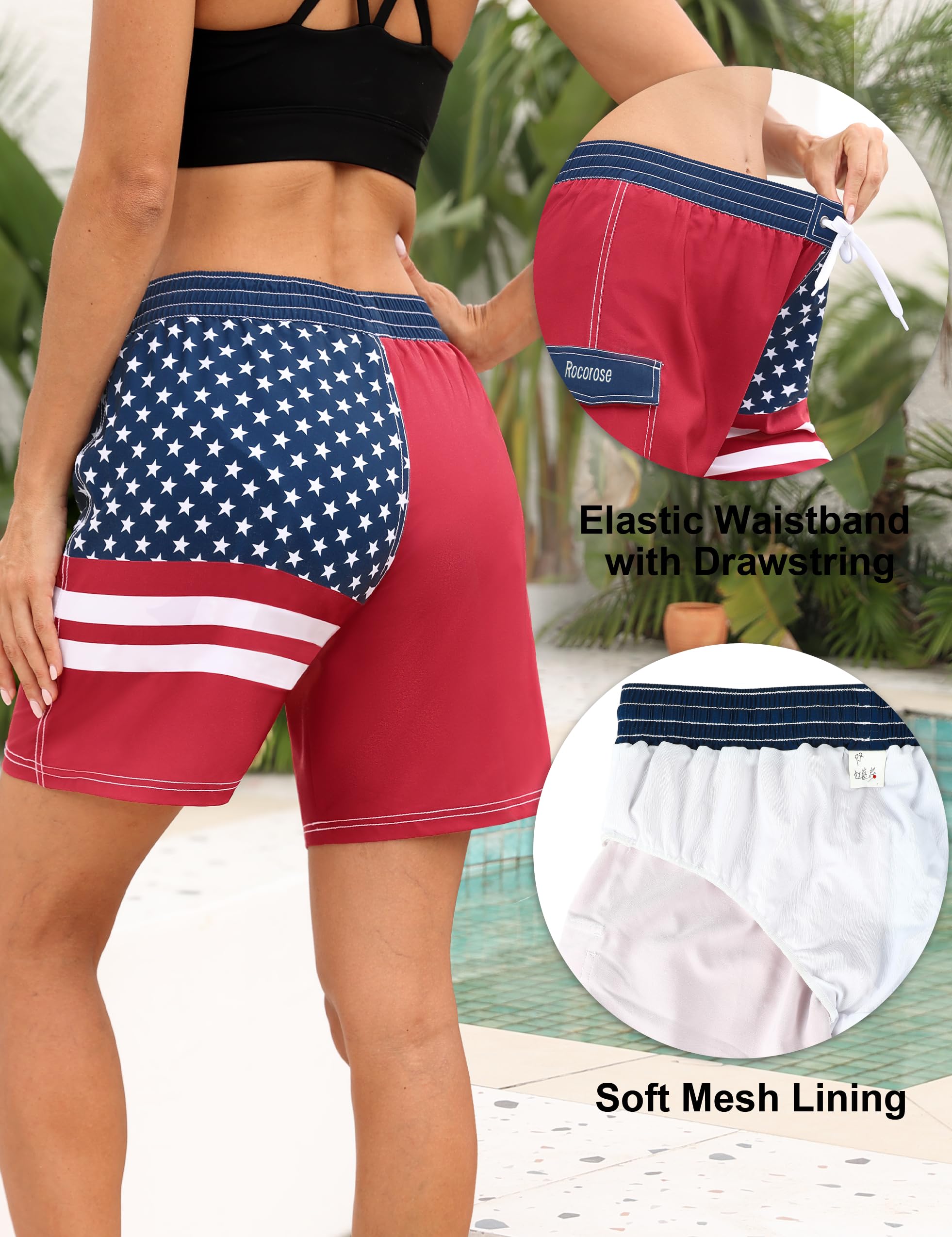 Rocorose Women's Quick Dry Swim Shorts with Drawstring & Pockets - Athletic Board Shorts for Swimming, Surfing, Beach & Summer Sports Activities