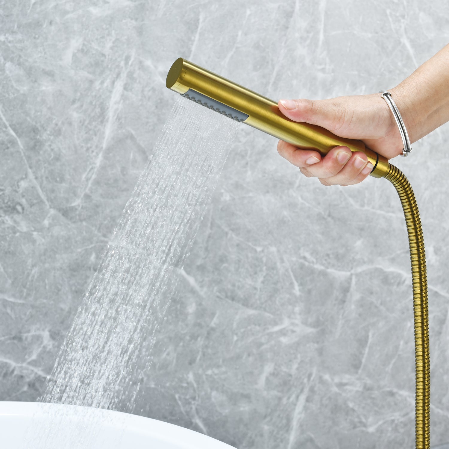 Gnosall Freestanding Bathtub Faucet with Double Lever Handle & Hand Shower - Floor Mounted Tub Filler for Luxury Bathroom & Spa Experience