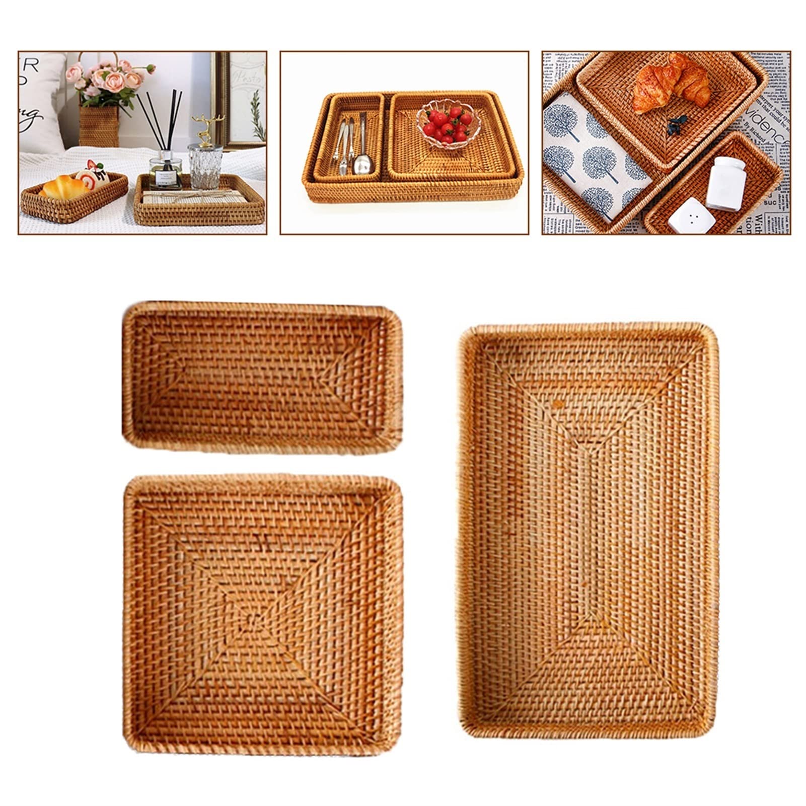 BZGKNUL 3-Piece Rattan Storage Basket Set - Handwoven Wicker Tray for Fruits, Vegetables, Snacks & Home Decor | Perfect for Kitchen Counter, Dining Table & Living Room Organization