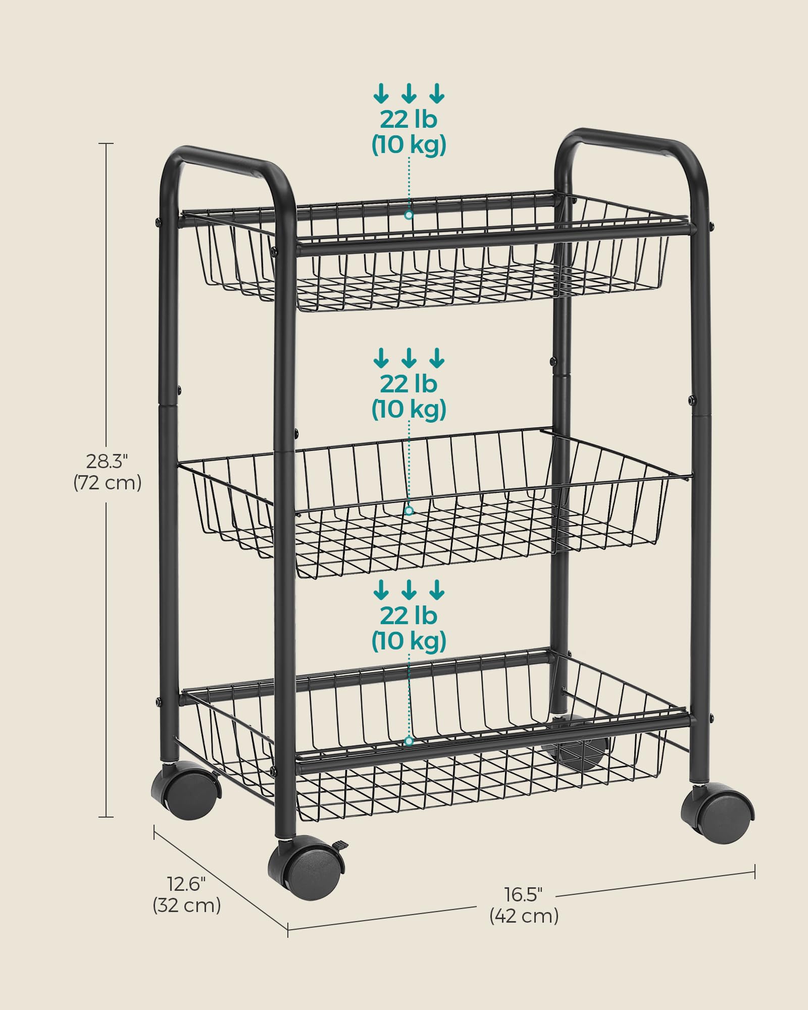 SONGMICS 3-Tier Metal Rolling Cart with Wheels & Lockable Baskets, Utility Trolley with Handles for Kitchen Storage, Bathroom Organization & Closet Shelving - Removable Shelves, Black UBSC03BK | Perfect for Home, Office & Dorm Room Organization